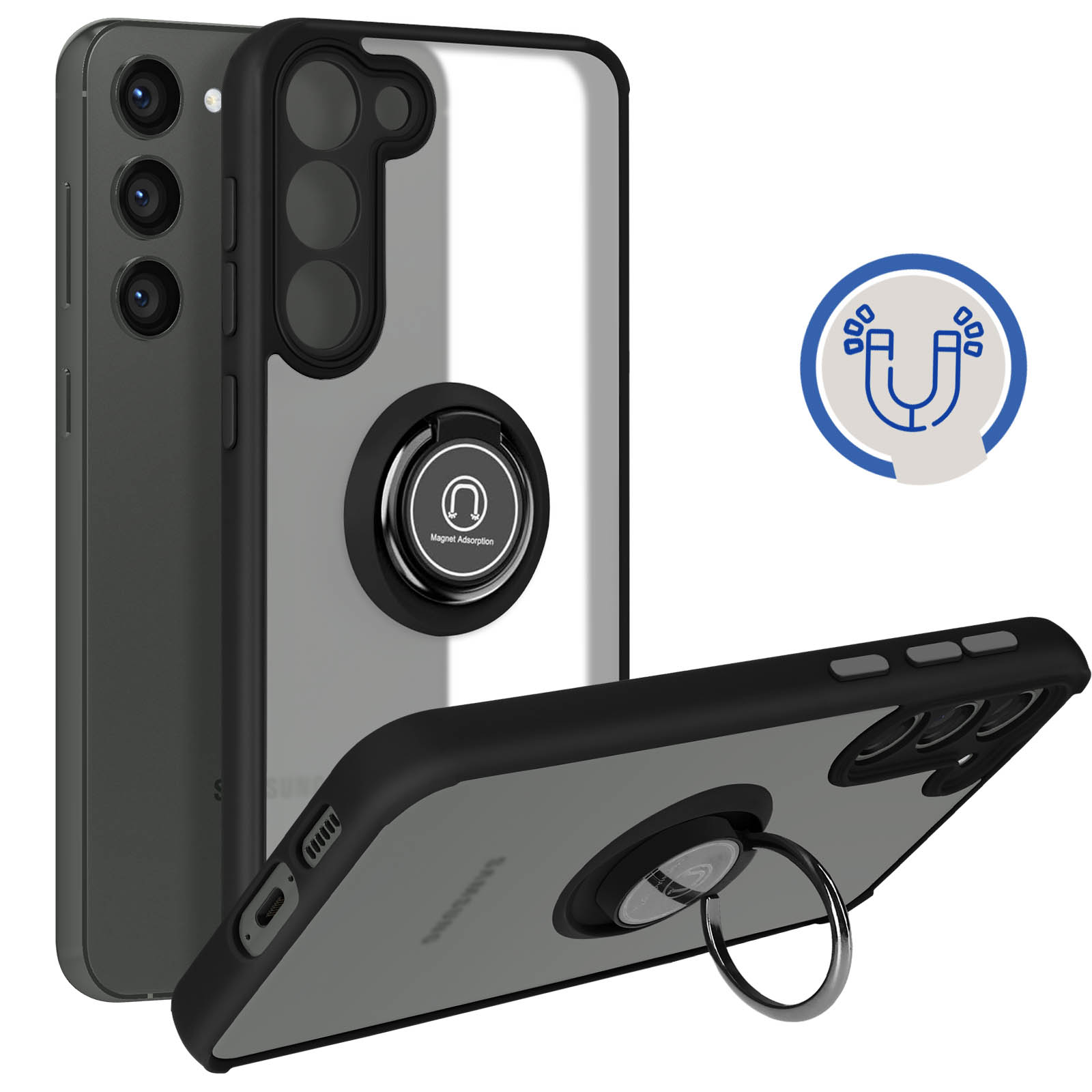Samsung Galaxy S23 Handyhlle mit Ring-Halterung  Matte Rckseite,  Schutztasche mit Stnder  Schwarz - German