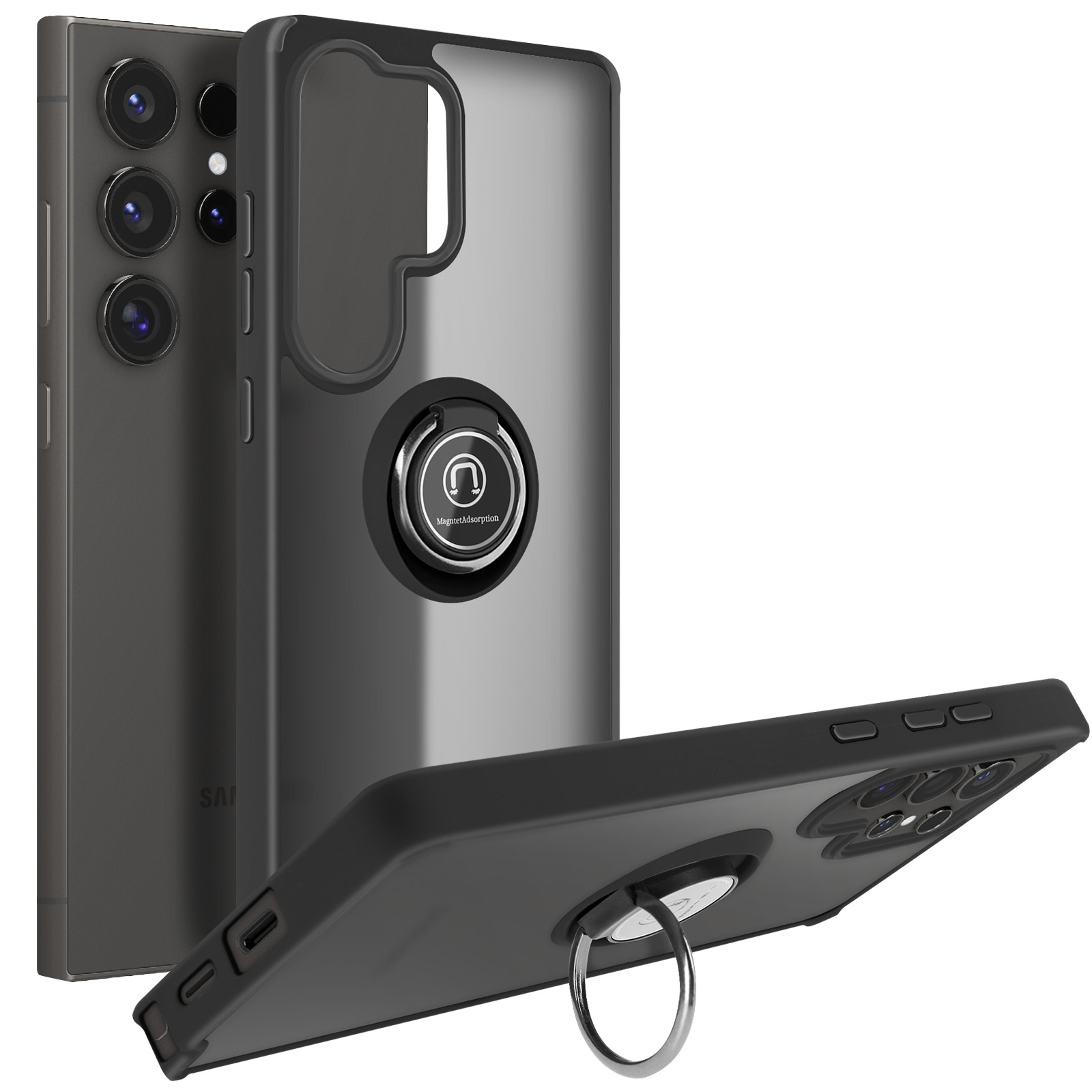 Samsung Galaxy S25 Ultra Handyhlle mit Ring-Halterung  Transparent, Rand  Schwarz - German