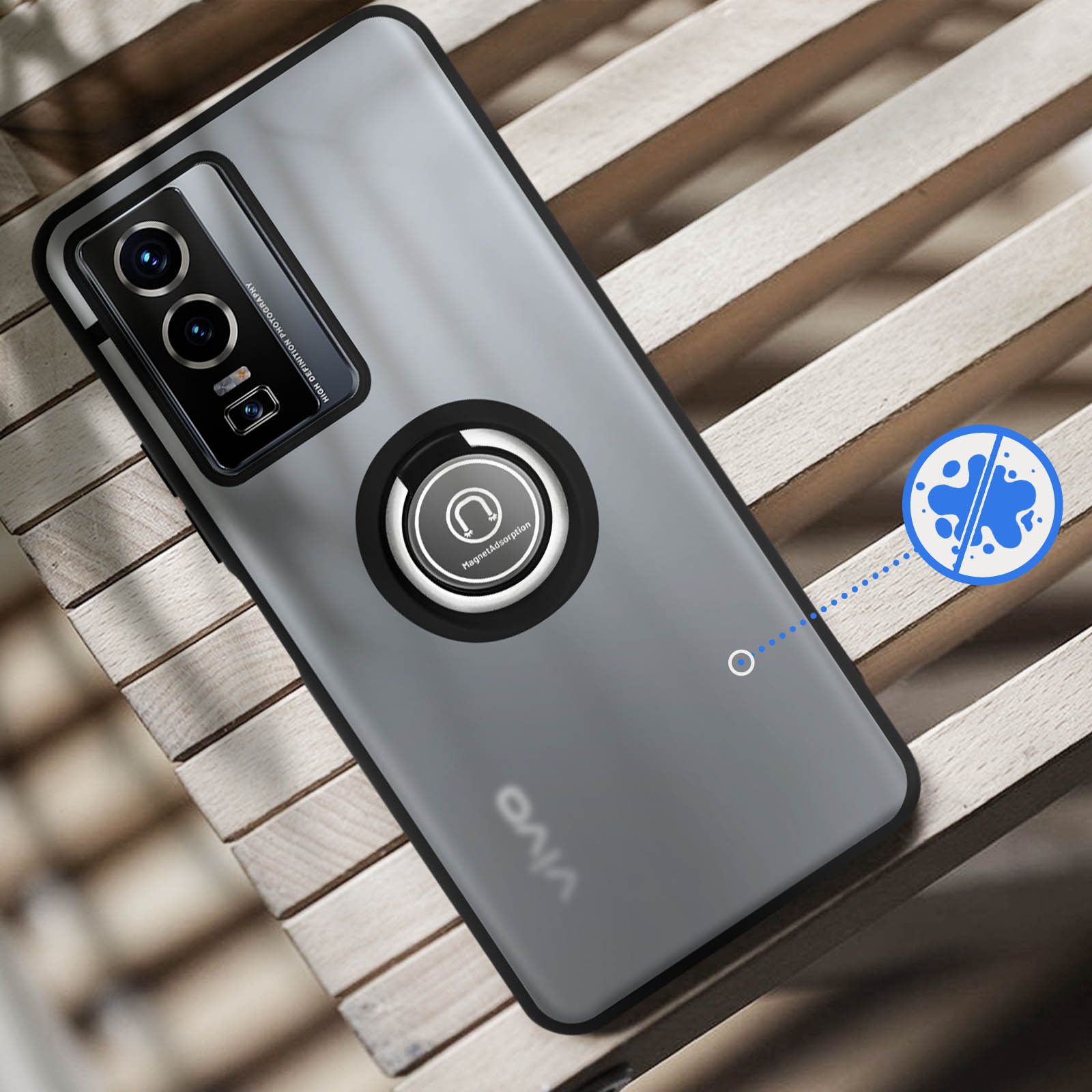 Custodia Vivo Y55 5G/Y75 5G/Y77 5G Con Protezione Fotocamera Scorrevole, Anello Rotante 360° E Supporto Magnetico, Nero