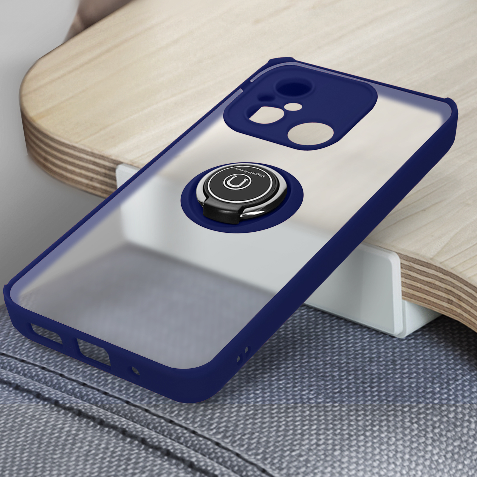 Cover Armor Per Xiaomi Redmi 12C / 11A - Custodia TPU+PC Antiurto Con Protezione Scorrevole Fotocamera E Anello 360° - Blu Con Supporto E Piastra Metallica