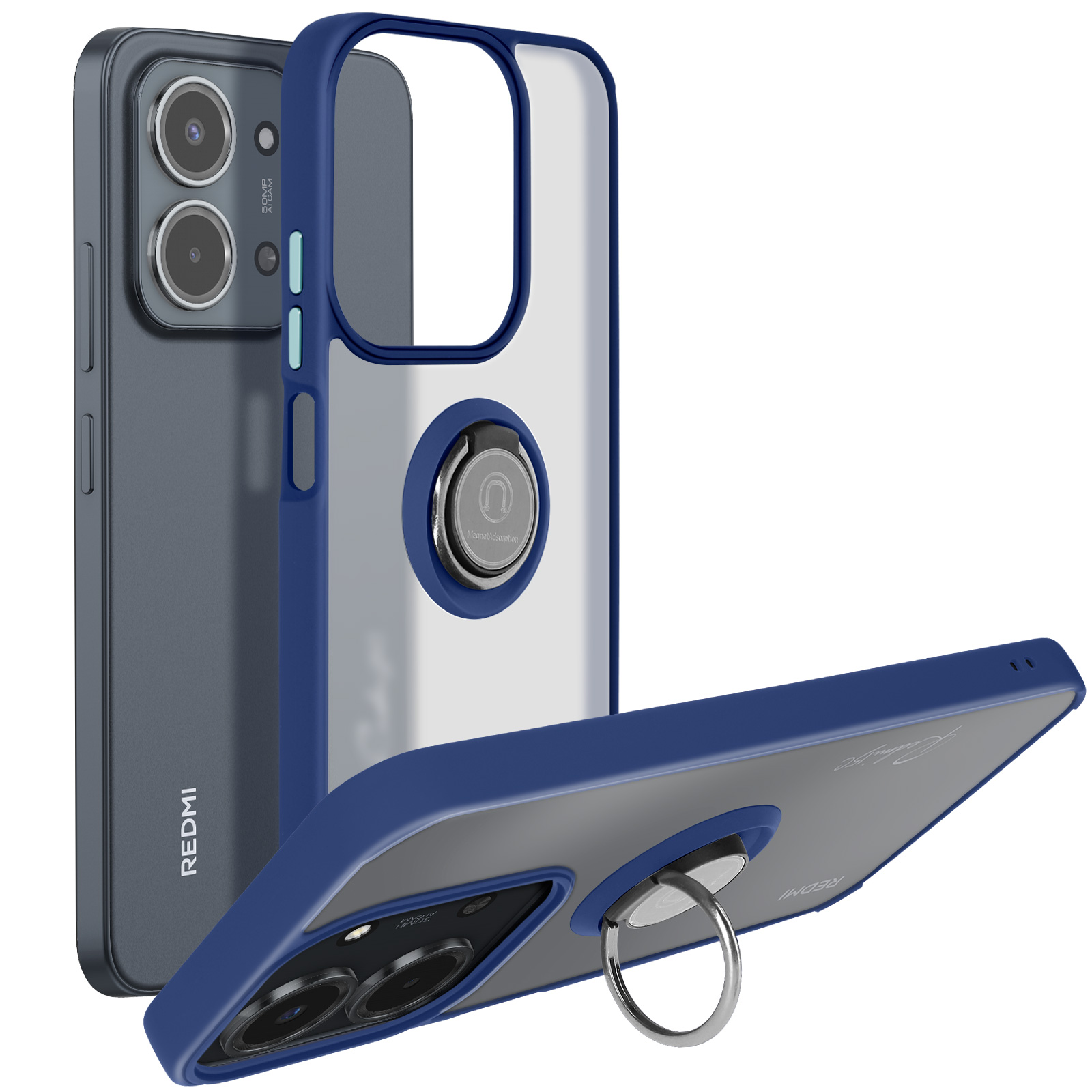 Custodia Realme C65 4G Con Sportellino Scorrevole Fotocamera E Anello Metallico Rotante | Blu, Paraurti Con Supporto Magnetico Auto E Protezione Cadute