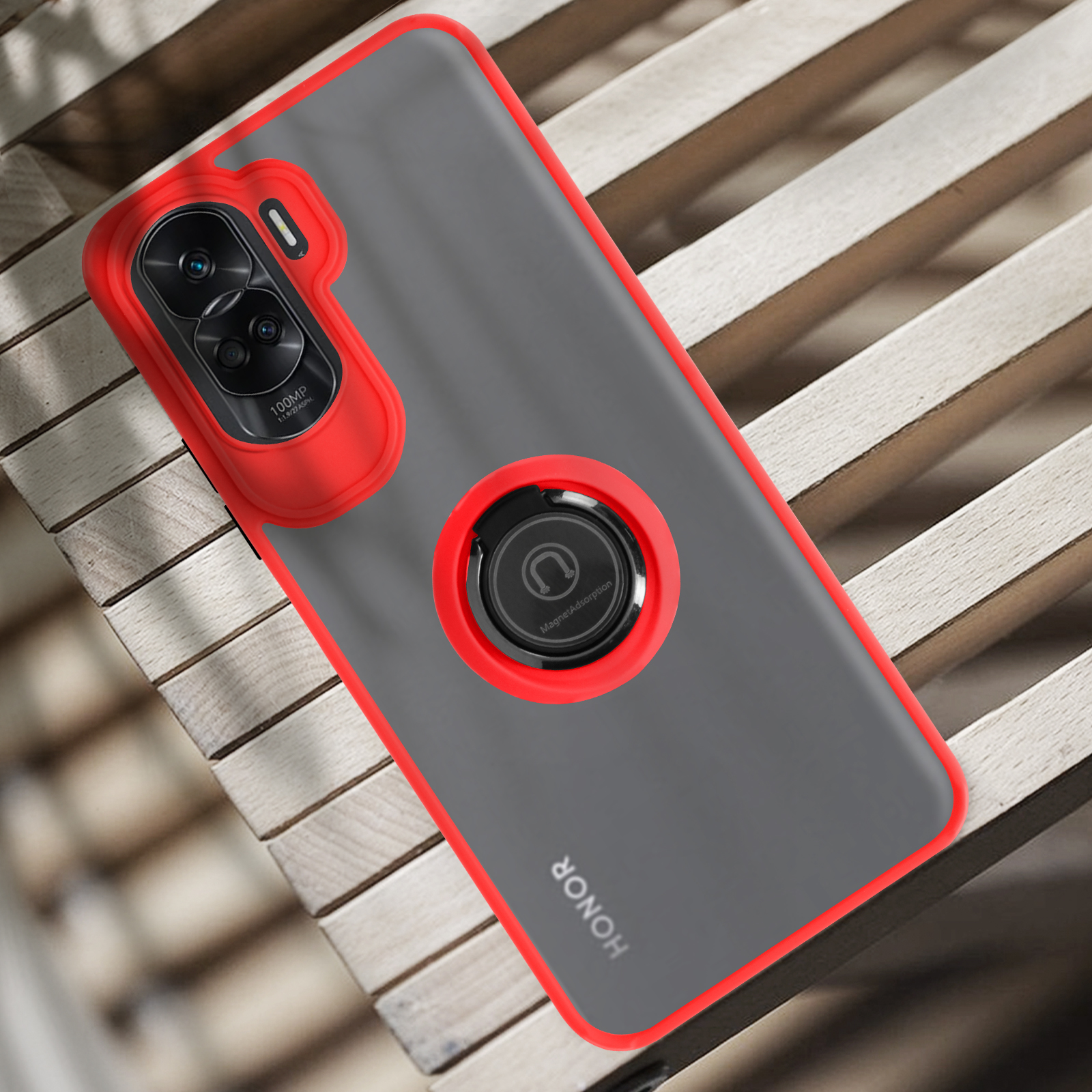Cover Honor 90 Lite Con Anello Girevole 360° – Custodia Antiurto TPU + PC – Supporto Magnetico Per Auto – Rossa - 2