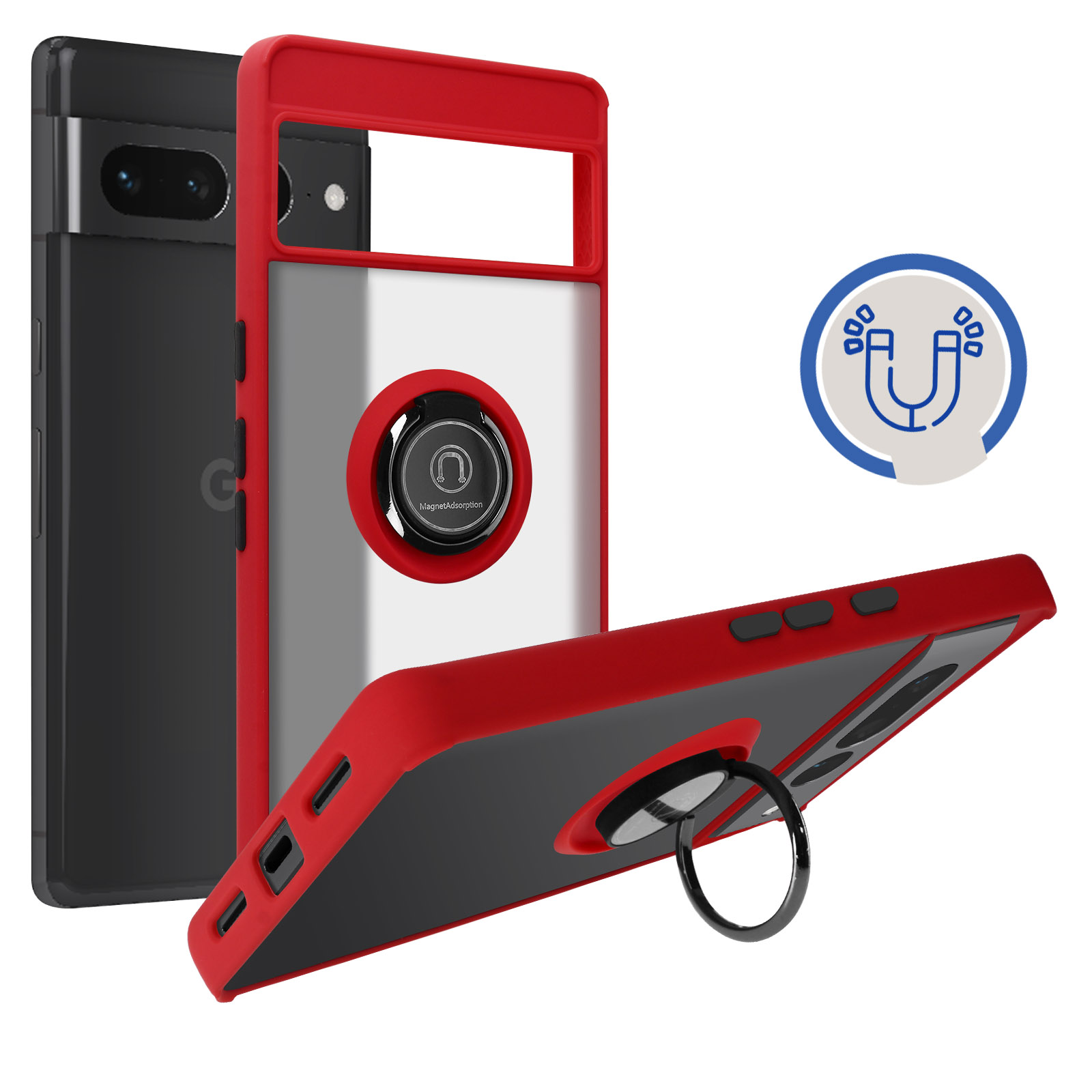 WBWONE Cover per Google Pixel 7a con Girevole Anello, Custodia in Morbida Silicone TPU Bordo Dorato Della Placcatura Anti-Graffio Antiurto Protettiva - Nero
