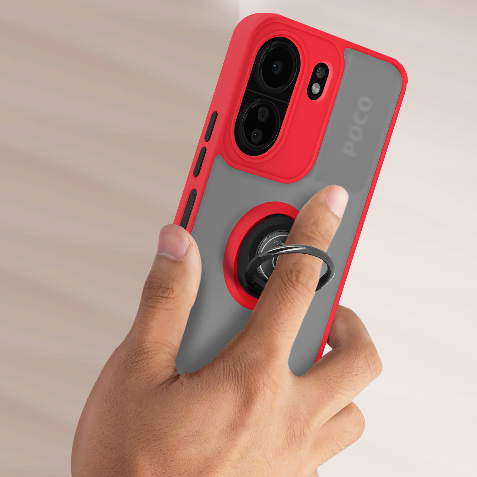 Custodia Per Xiaomi Redmi 13C 4G / Poco C65 4G Con Copri Fotocamera Scorrevole E Anello Supporto - Rossa