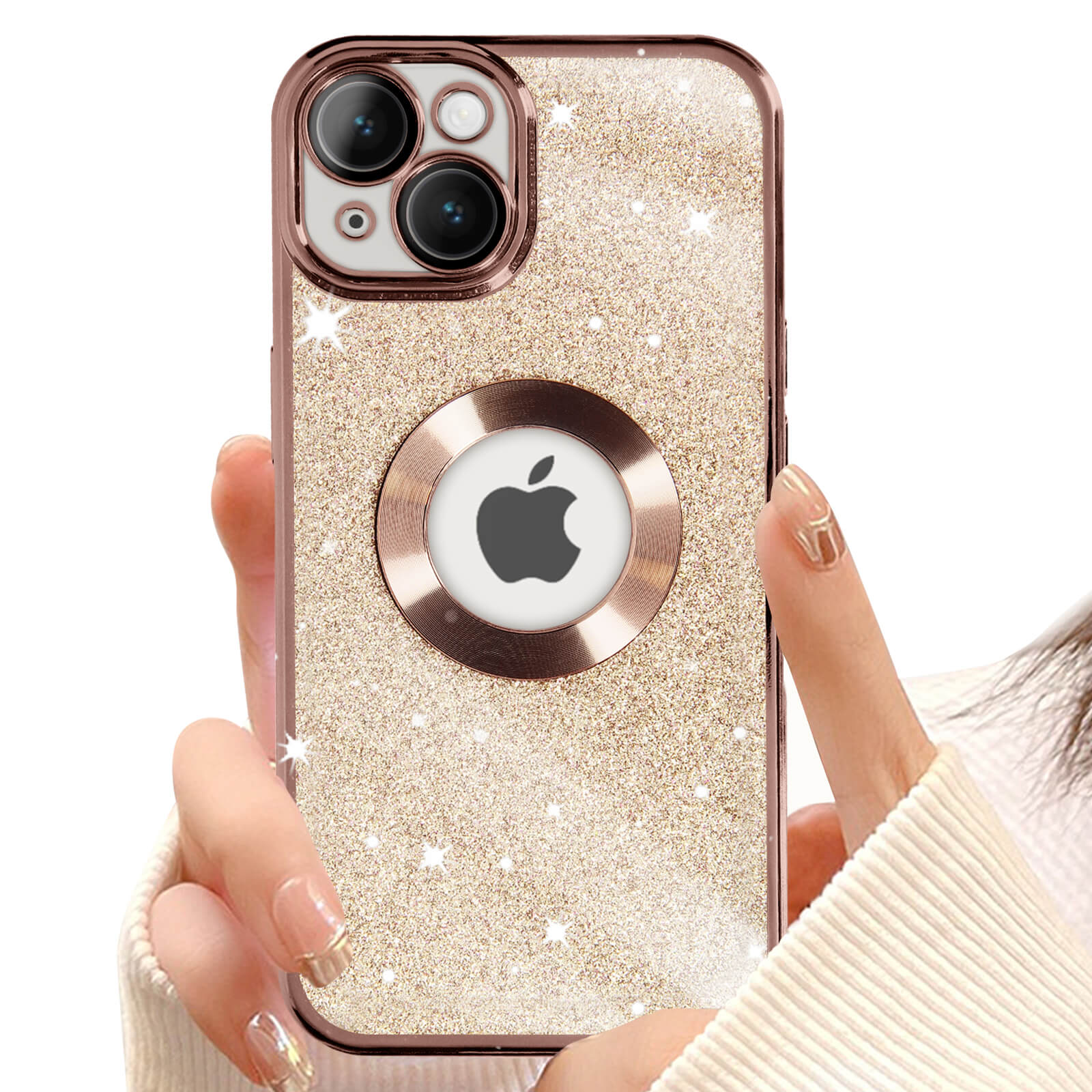Tikgue Cover per iPhone 14, Custodia con Cordino Silicone Glitter Brillantini Trasparente Morbida Cover con Collana Sottile Protettiva Bumper Antiurto TPU Case - oro rosa