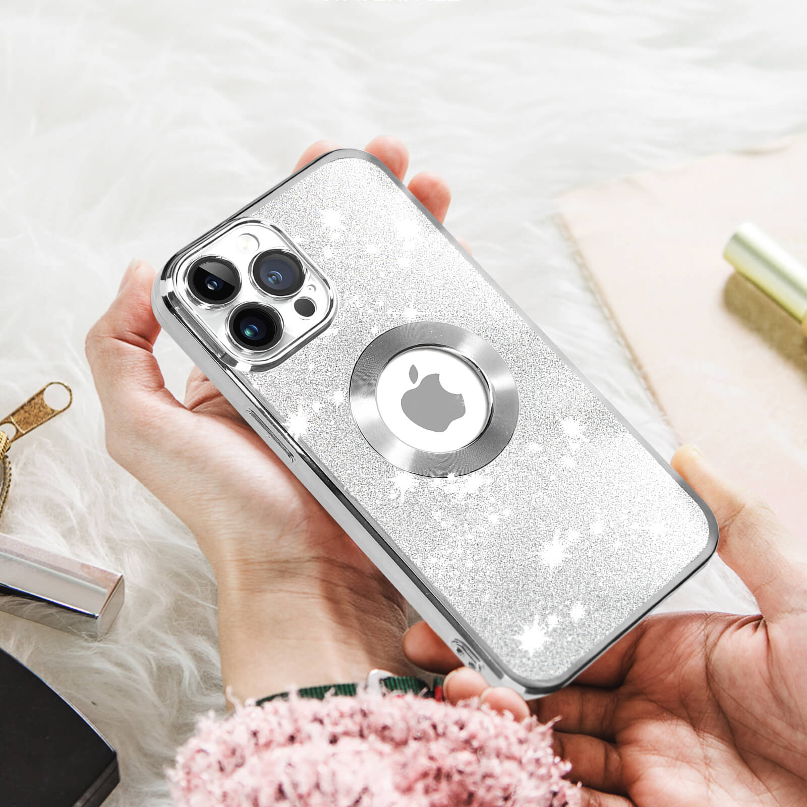 Cover con glitter per iPhone 13 Pro Max, serie Protecam Spark - azzurra - Italiano