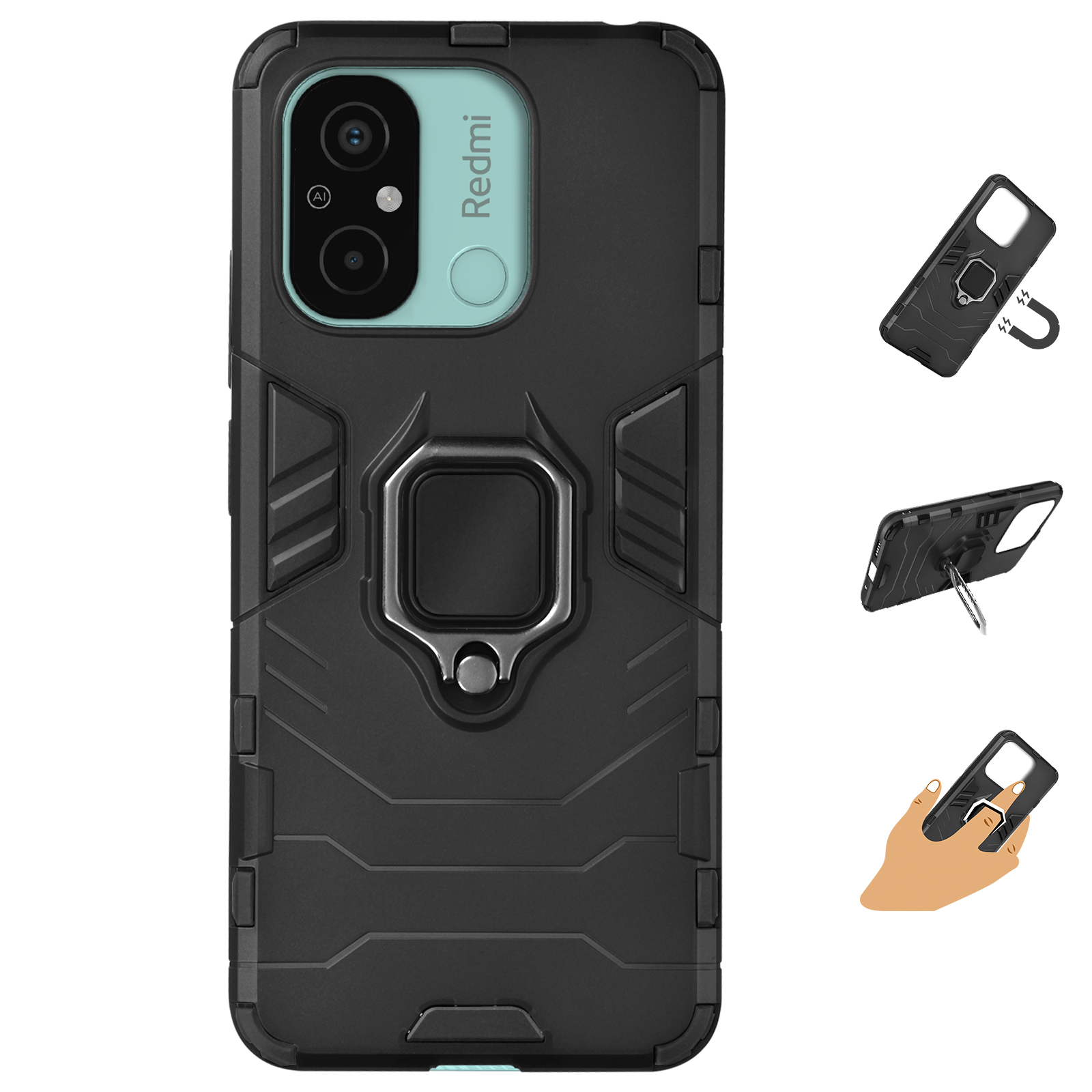 Smart Clear View Cover Per Xiaomi Redmi 12C/11A - Custodia A Libro Con Finestra E Supporto Pieghevole - Effetto Specchio Elettroplaccato - Colore Nero