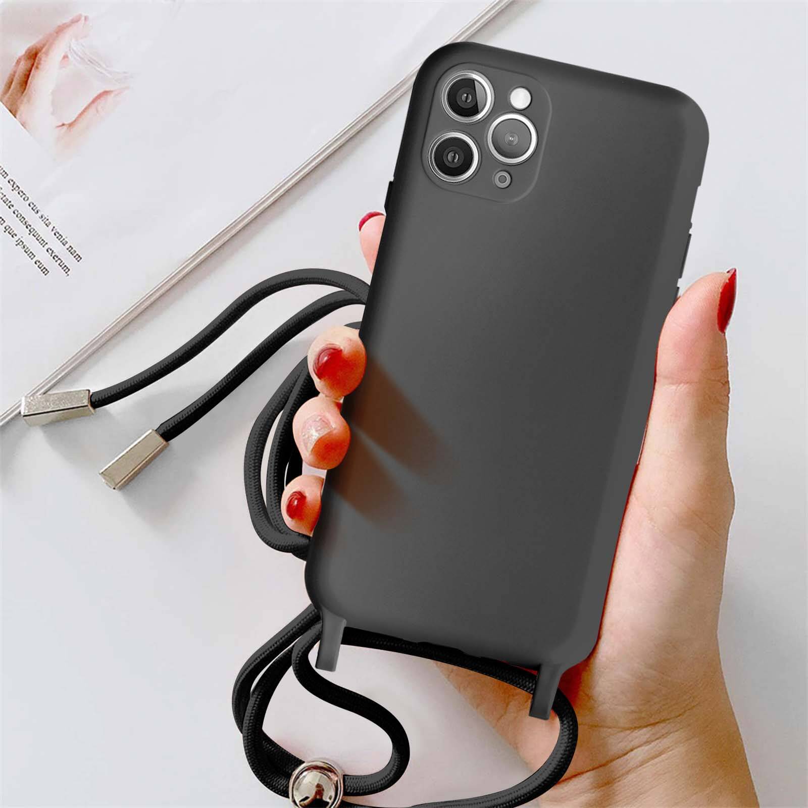 Custodia IPhone 11 Pro Con Tracolla In Cordino – TPU Trasparente Antigraffio – Colore Nero, Cinturino Regolabile
