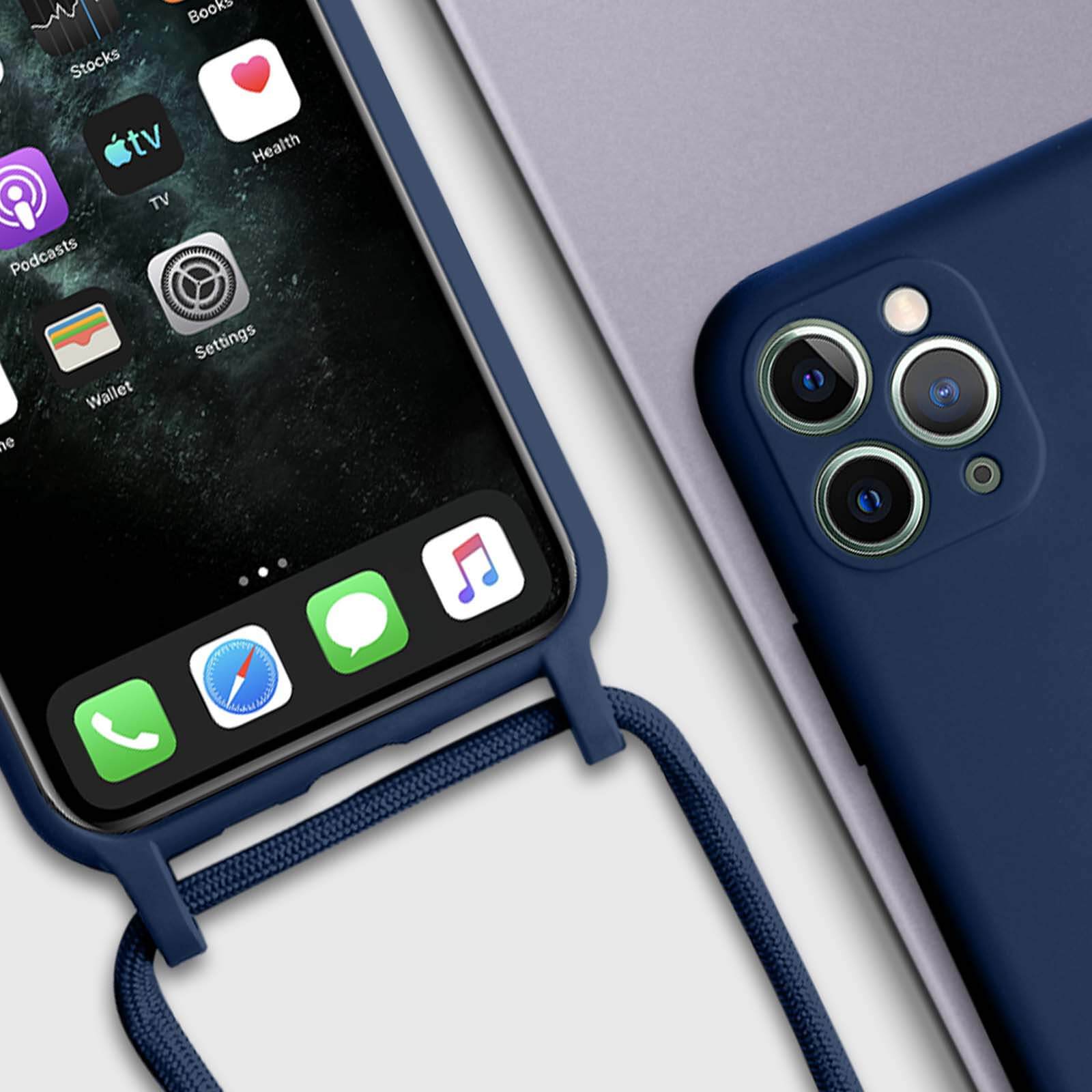Custodia Per IPhone 11 Pro Max Con Cinturino In Nylon - Blu, Morbida In Silicio Con Cordino A Mano