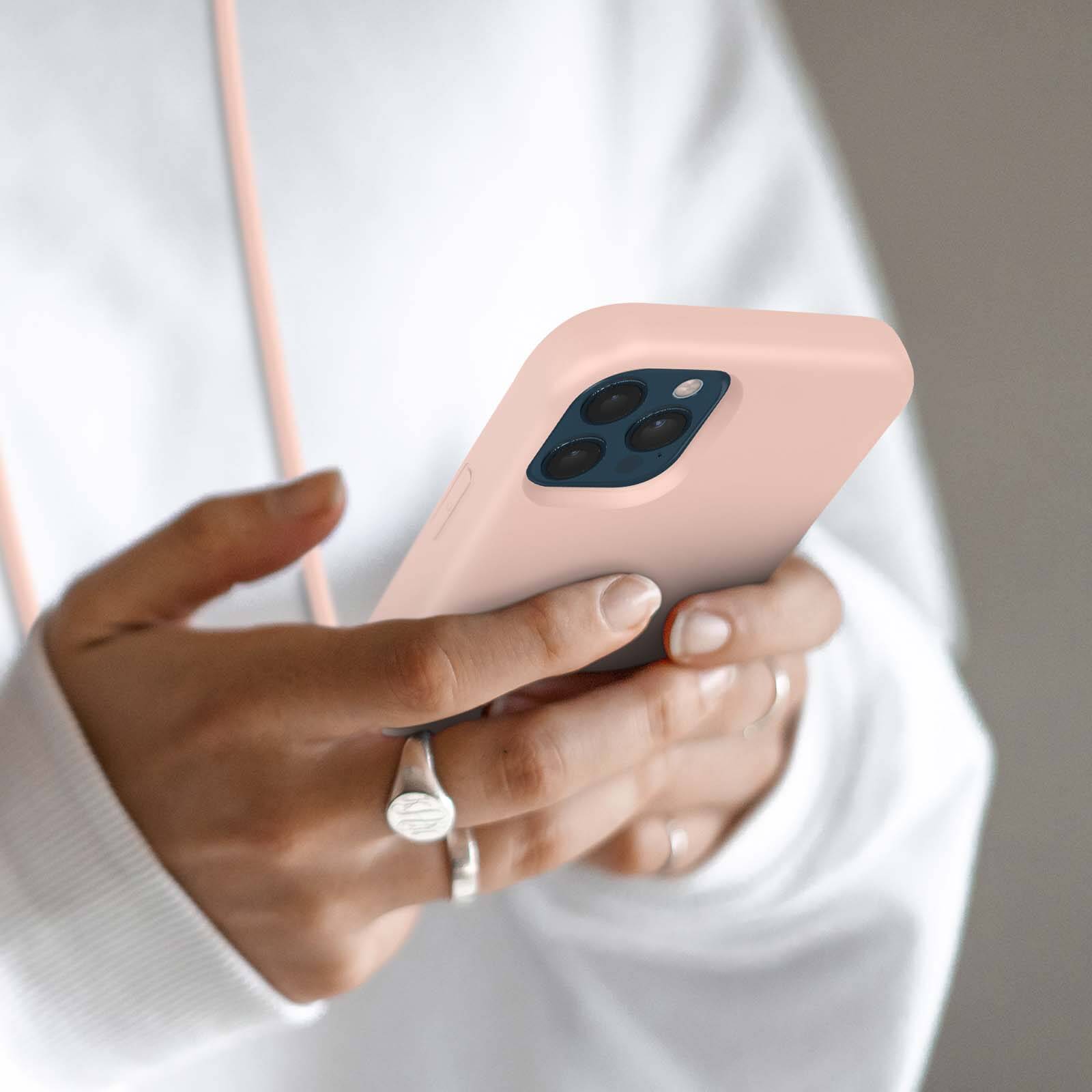 Cover Per IPhone 12 Pro Max Con Cordino Regolabile - Custodia In Silicone TPU Antiurto E Protettiva, Colore Poudre, Con Cinturino In Nylon Per Mani Libere