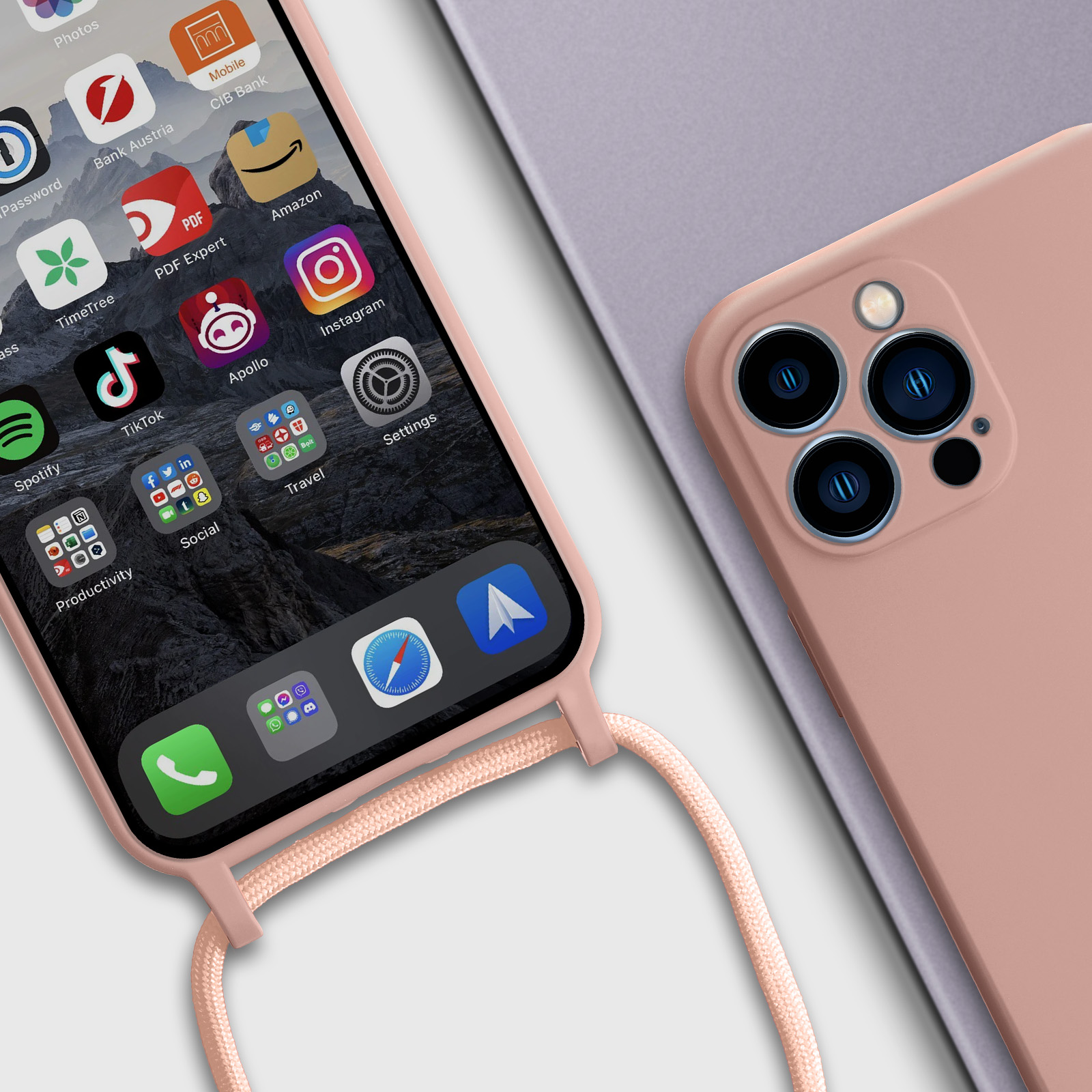 Vaykwo Cover con Cordino per iPhone 13 Pro 6.1'', Custodia con Regolabile Collana per iPhone 13 Pro, Protezione Trasparente Case con Laccio Tracolla, Oro Rosa
