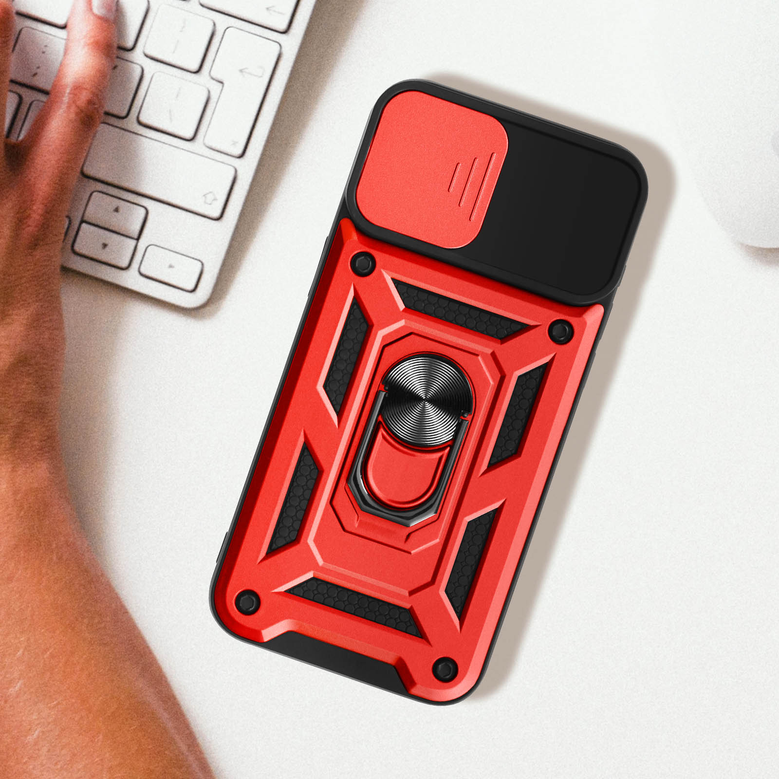 Custodia IPhone 11 Rossa Con Anello Metallico E Protezione Fotocamera A Scorrimento