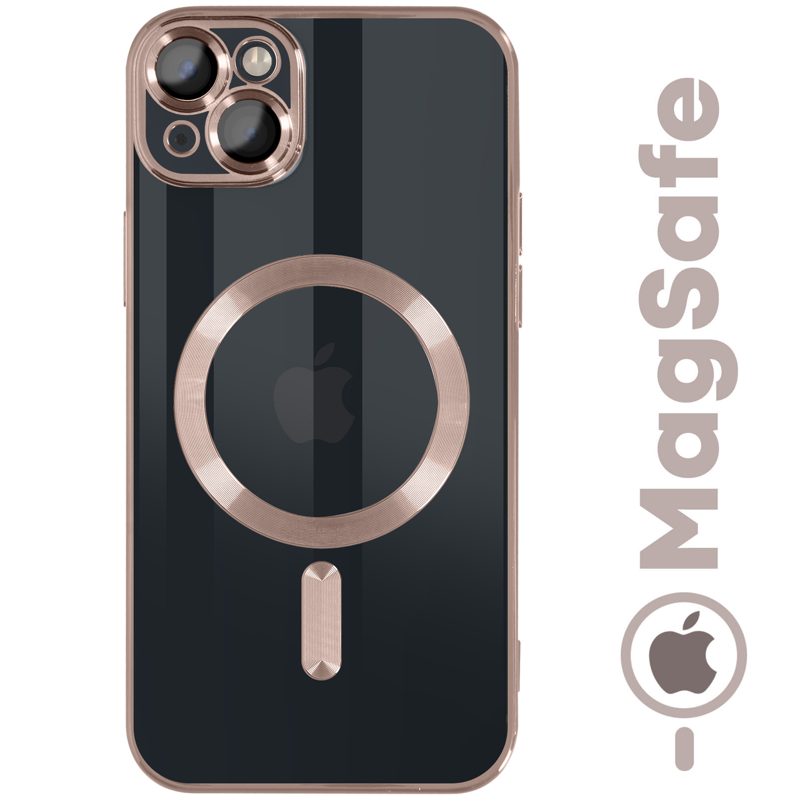Cover MagSafe per iPhone 14 silicone trasparente bordo cromato rose gold - Italiano