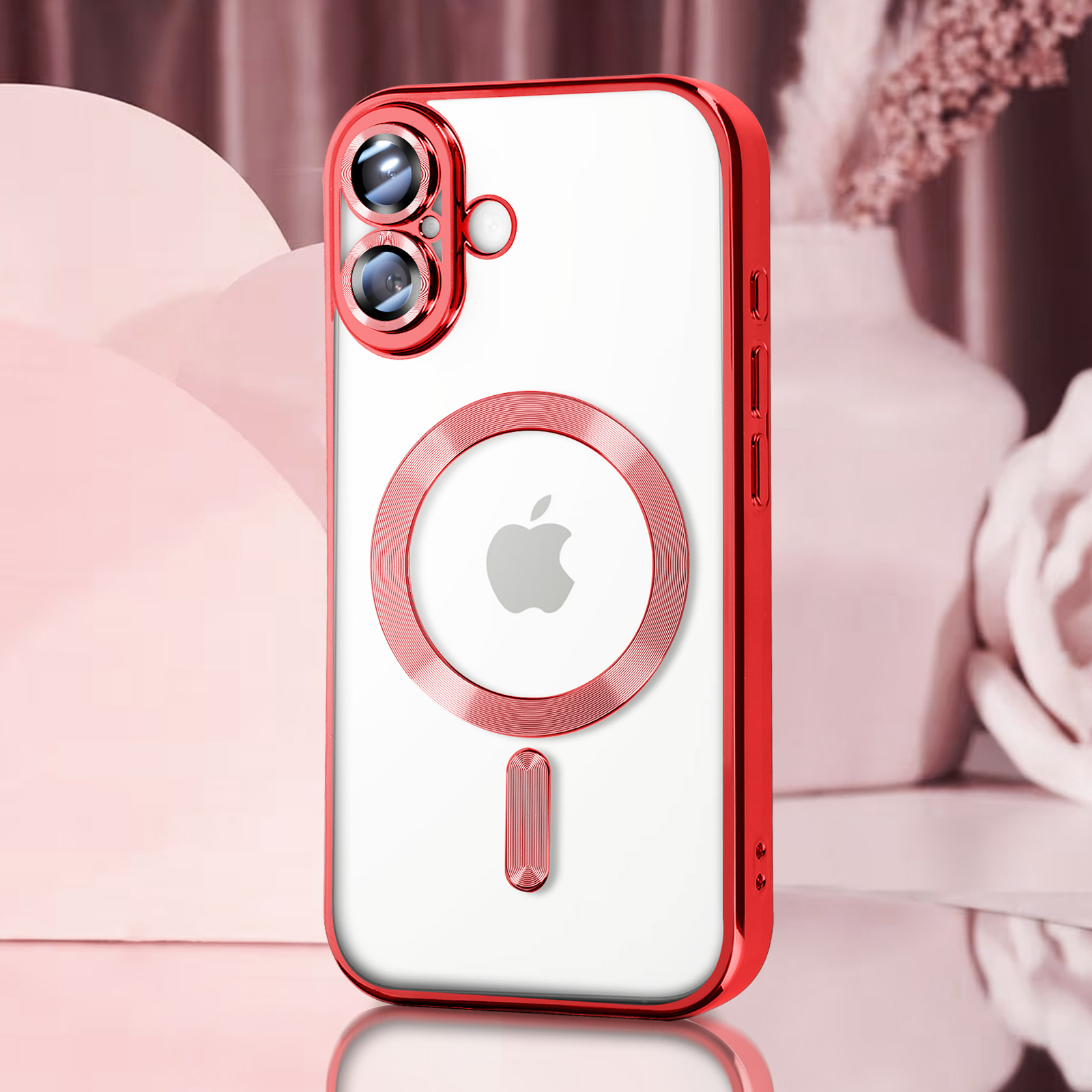 LCHULLE Cover Magnetica per iPhone 16 Compatibile con MagSafe Custodia Trasparente Rosa Fiocco per Ragazze Donne Cover protettiva Magnetica Silicone Case per iPhone 16 Fragola rossa