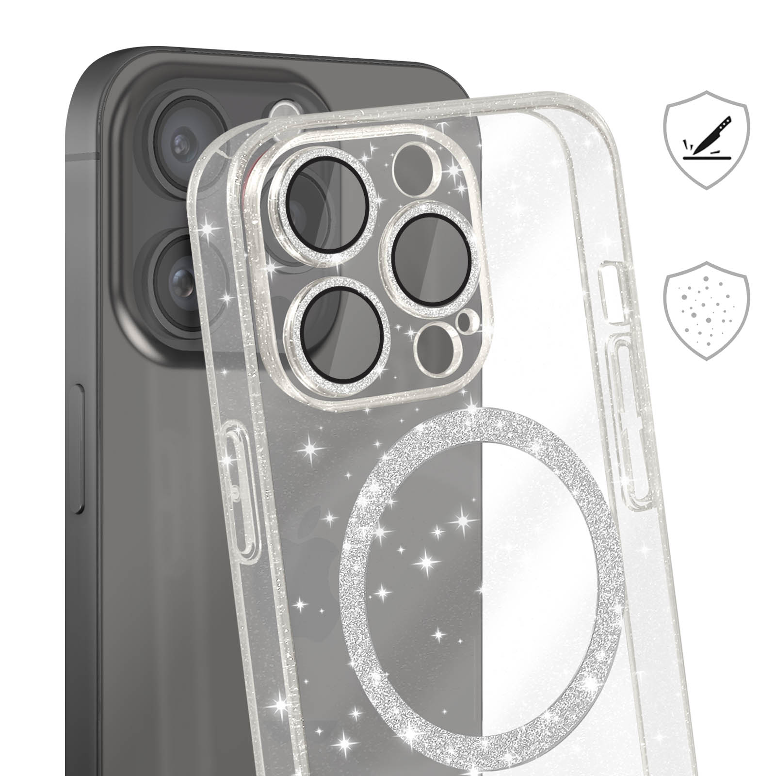 Cover MagSafe per iPhone 15 Pro Max silicone glitterato - trasparente - Italiano