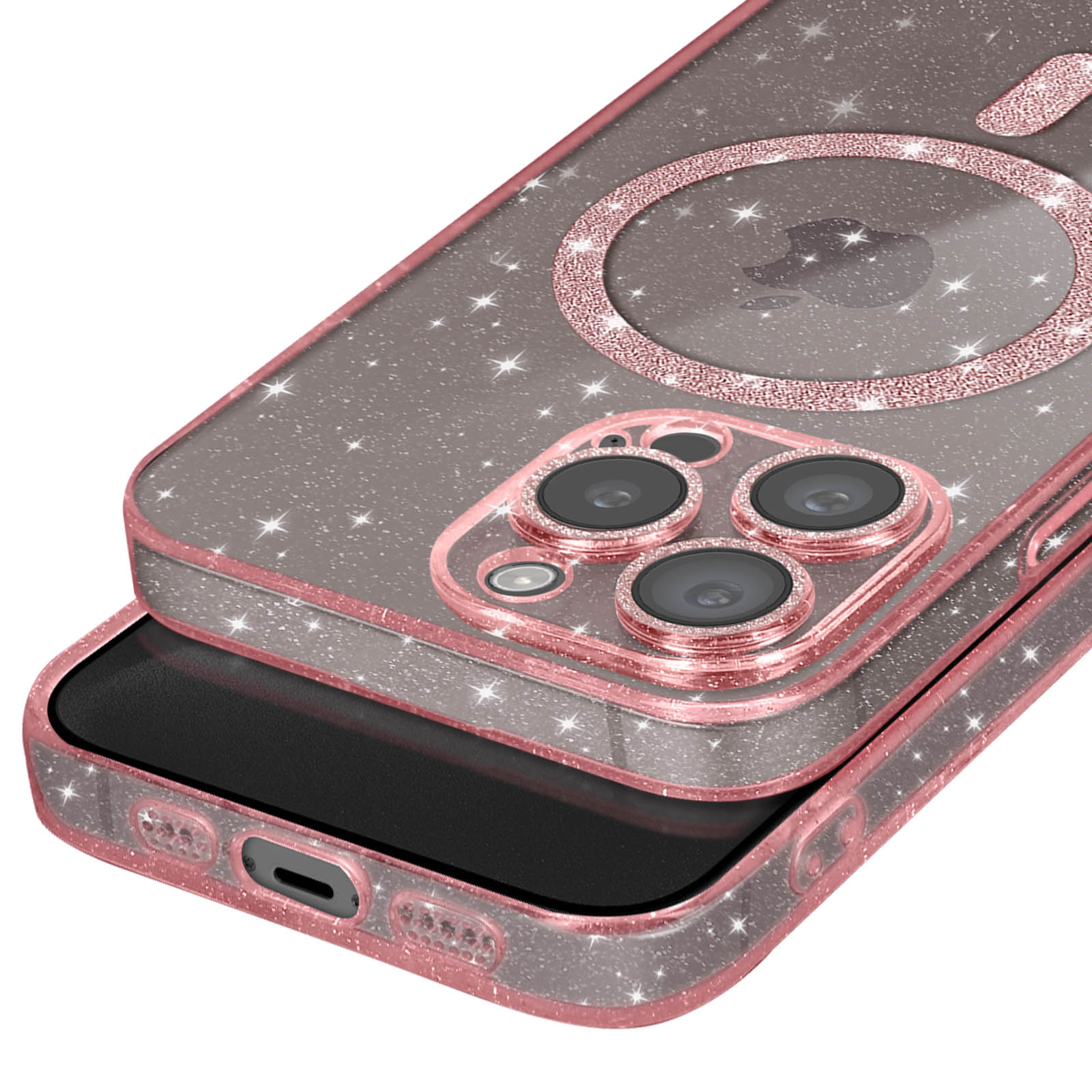 Coque IPhone 15 Pro Max En Velours Avec Poney Et Paillettes Rose - Protection Magnétique - Neuf