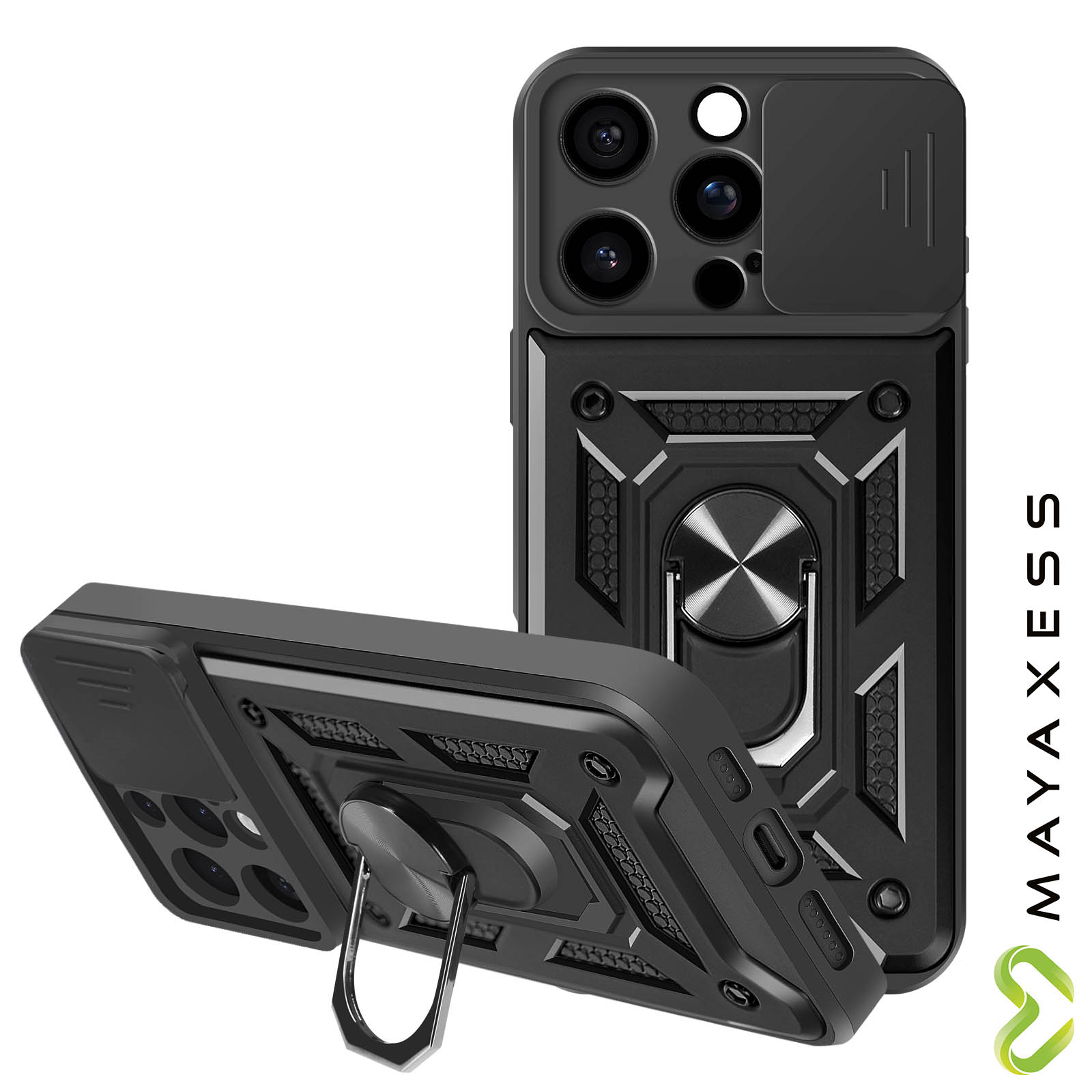 Custodia per iPhone 16 Pro protezione fotocamera scorrevole, resistente agli urti, con supporto ad anello, supporto