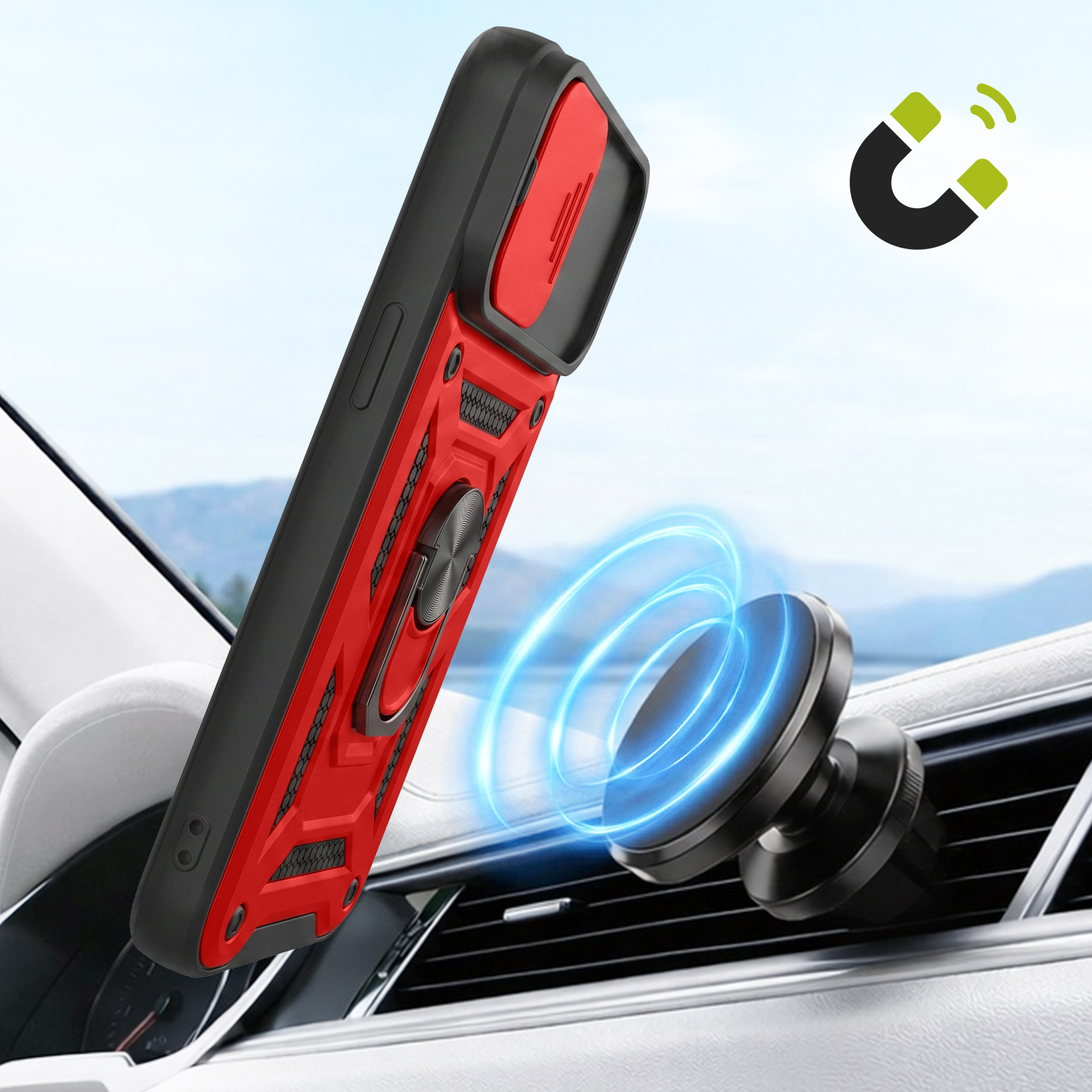 Custodia Per IPhone 15 Pro Max Con Copertura Fotocamera Scorrevole E Cavalletto Anello Magnetico 360° E Supporto Auto