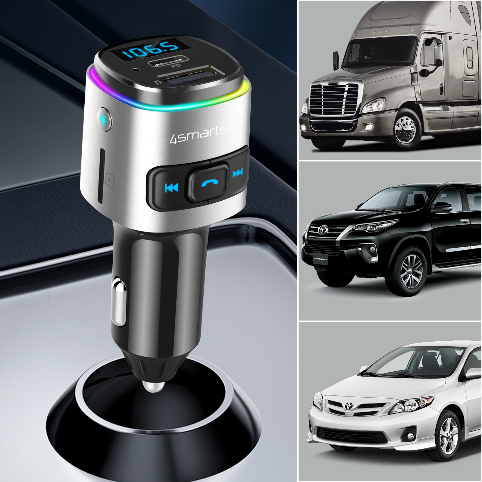 Transmetteur FM Bluetooth Voiture 66W - 4 Ports USB (QC3.0, PD20W) - Charge Rapide Et Mains Libres - Compatible IPhone/Android