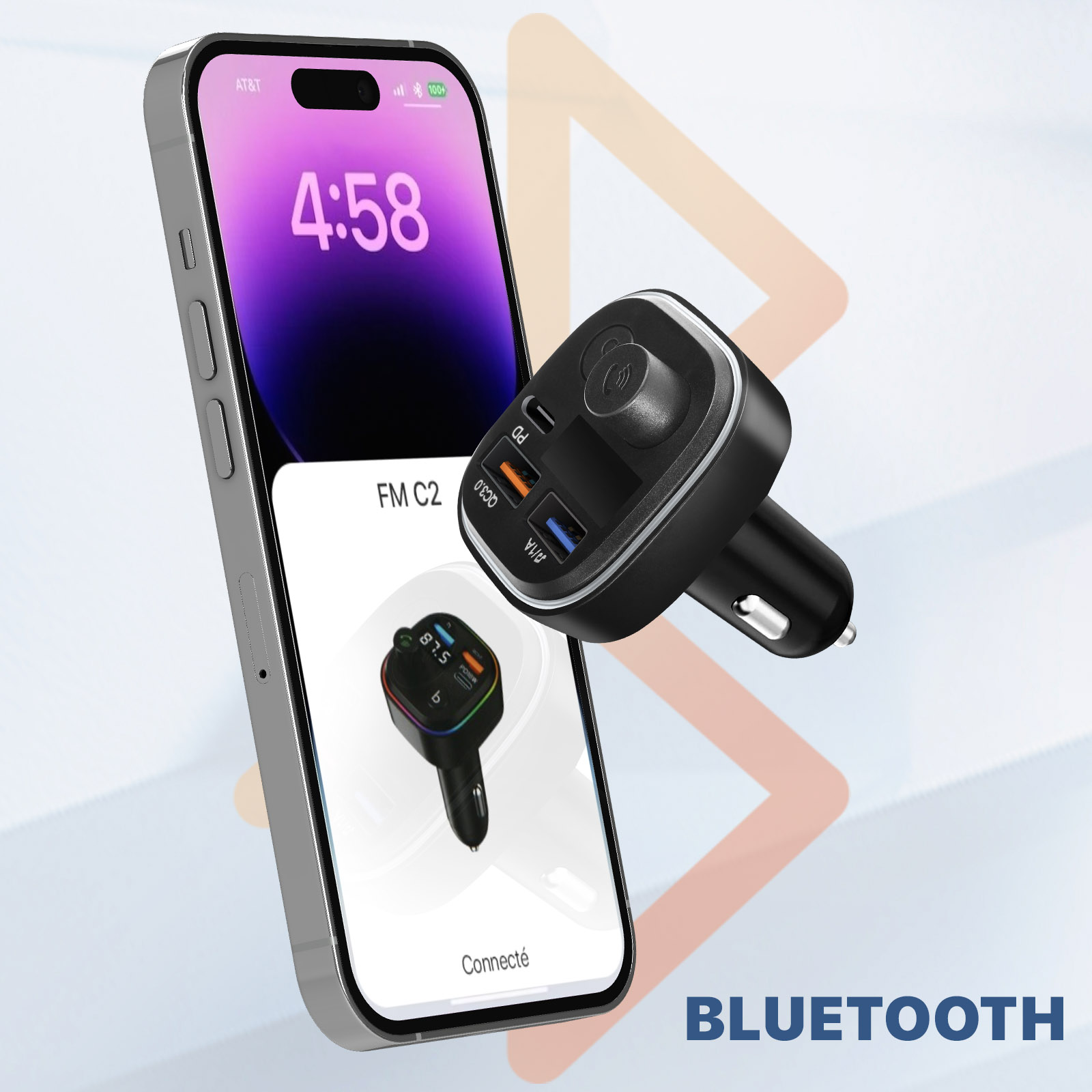 Transmetteur FM Bluetooth 5.3 Voiture Avec Chargeur USB-C 69W - 4 Ports, 2 Câbles Rétractables - Pour Ancien Autoradio, Appels Mains Libres, Lecteur MP3