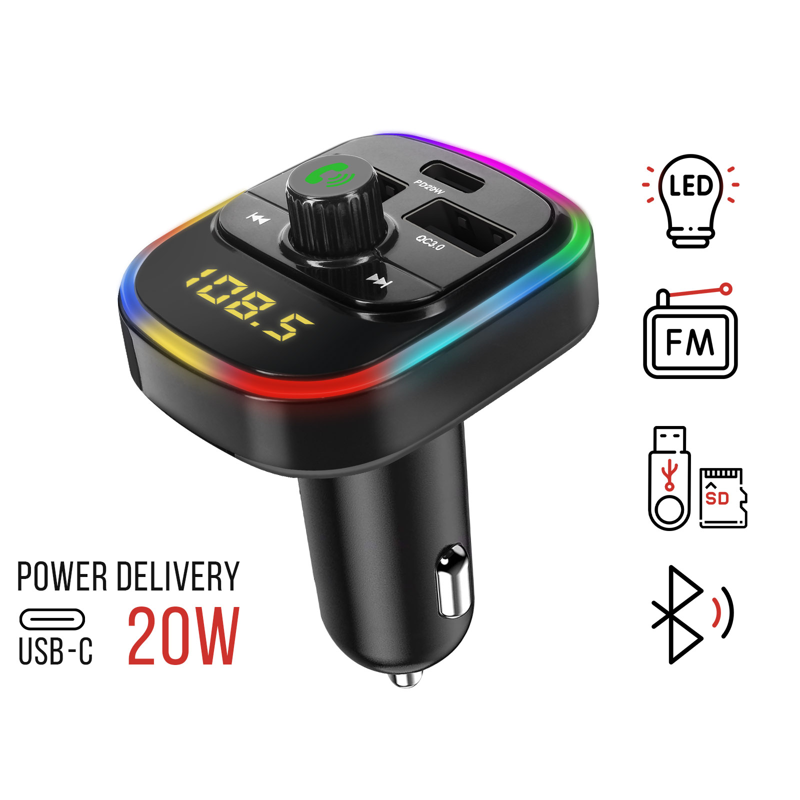 Trasmettitore FM Bluetooth 5.0, Kit Vivavoce Wireless Per Auto Modulatore Fm Ricarica Rapida Unita Flash Usb~p134504920