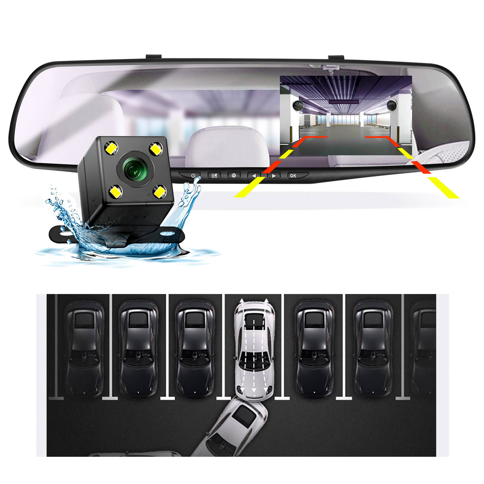 Dash Cam 4K Rétroviseur Avec Caméra De Recul 2160P, écran Tactile Anti-éblouissement, Vision Nocturne, Stationnement - 2 Caméras Avant/arrière - 2