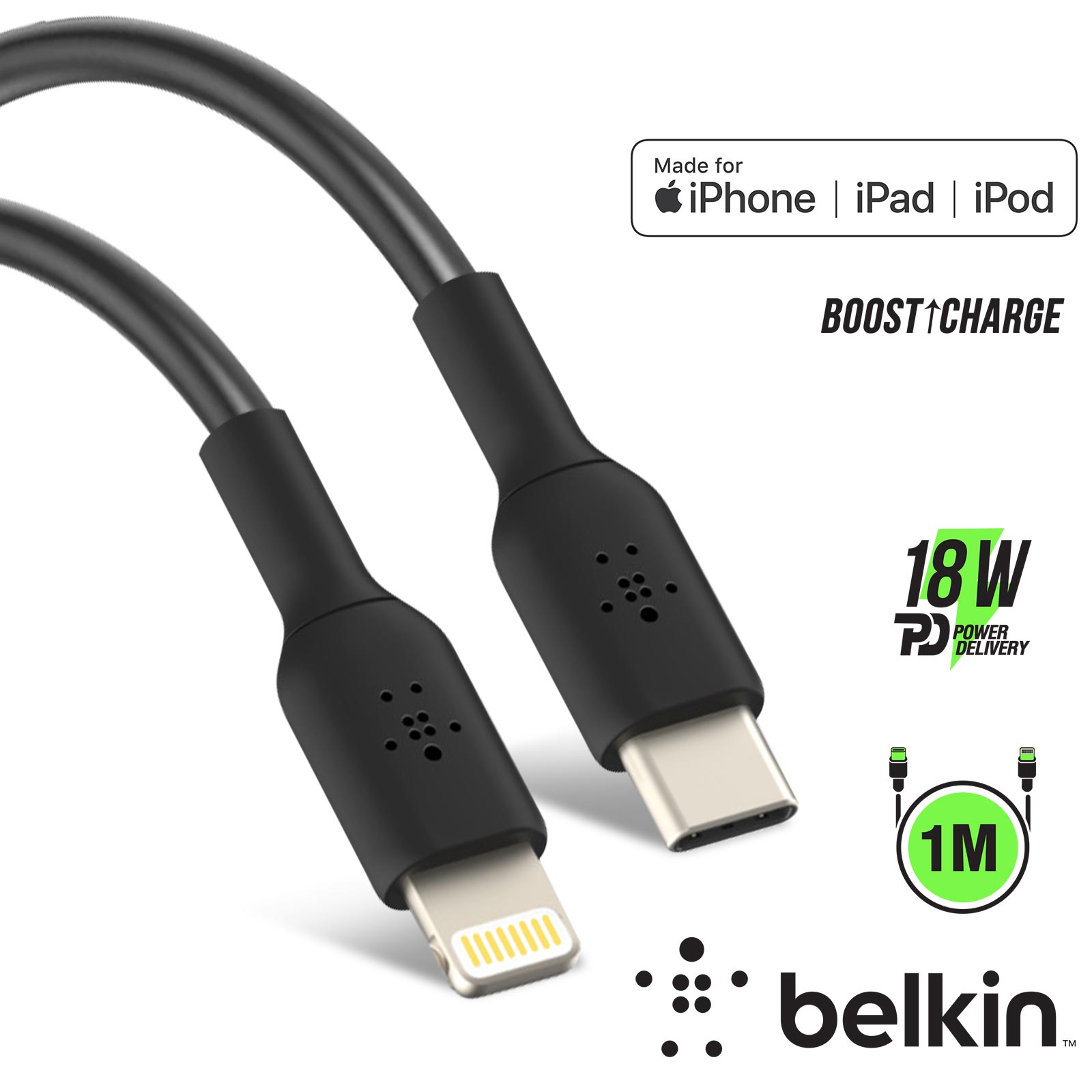 Câble Belkin Lightning Vers USB 1 Mètre Noir - Pour IPhone/iPad, Neuf Sous Blister