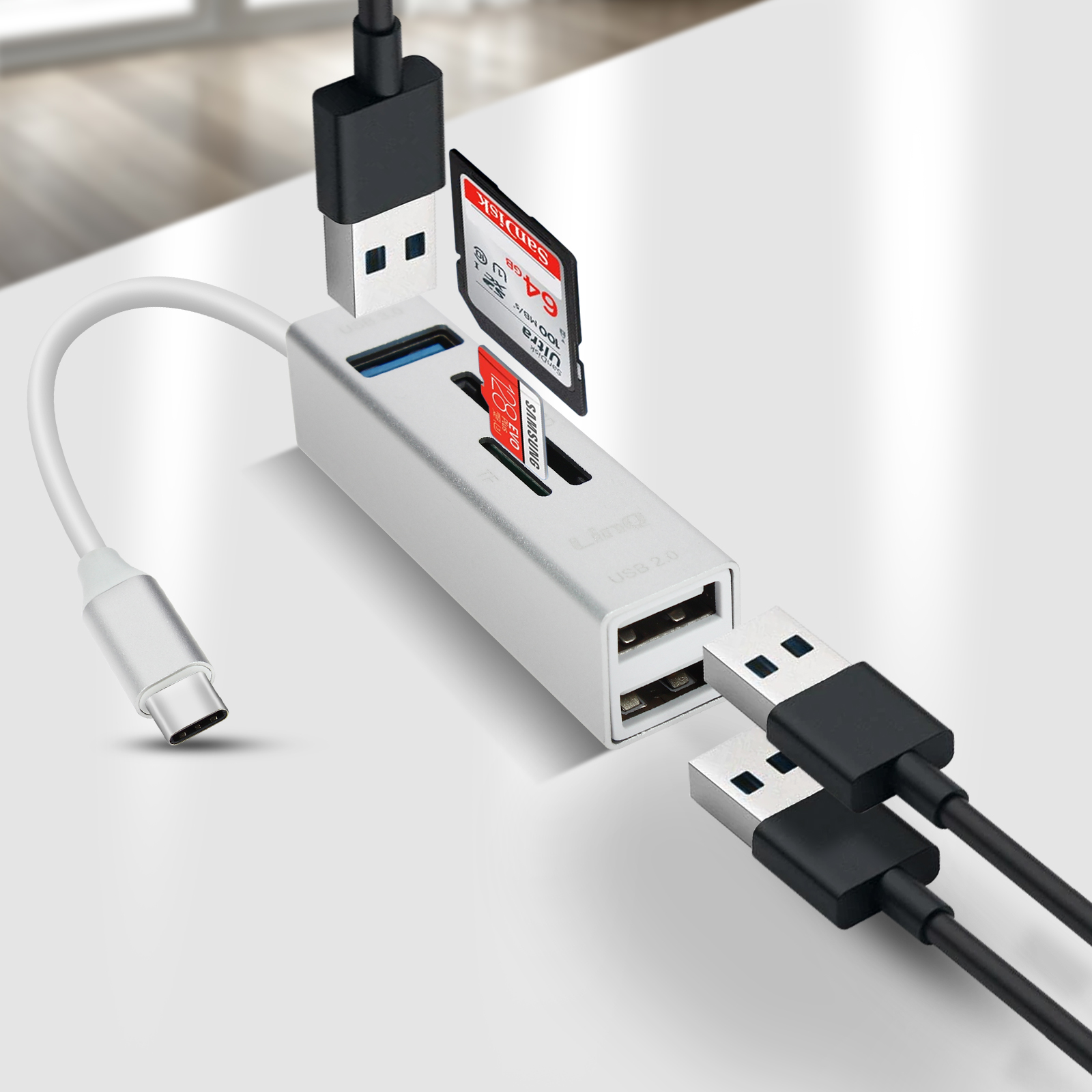 Hub USB-C 5 en 1 con 3x Puertos USB + Lector de Tarjetas SD / Micro-SD ...