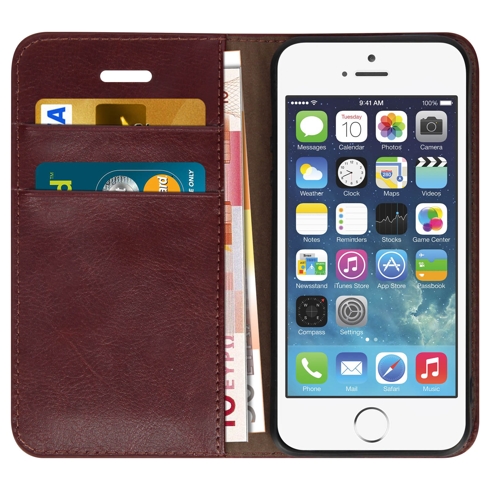 Suncase Custodia A Libro In Vera Pelle Per IPhone 12 (6,1 Pollici) - Colore Caffè Anticato Con Porta Carte - 5