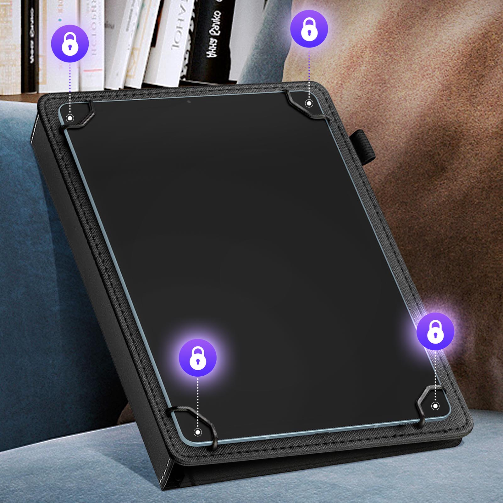 Housse Universelle Tablette 9 à 11 Pouces - Étui Cuir PU Multi-Angles Avec Dragonne Et Bande Silicone Réglable - Noir Élégant
