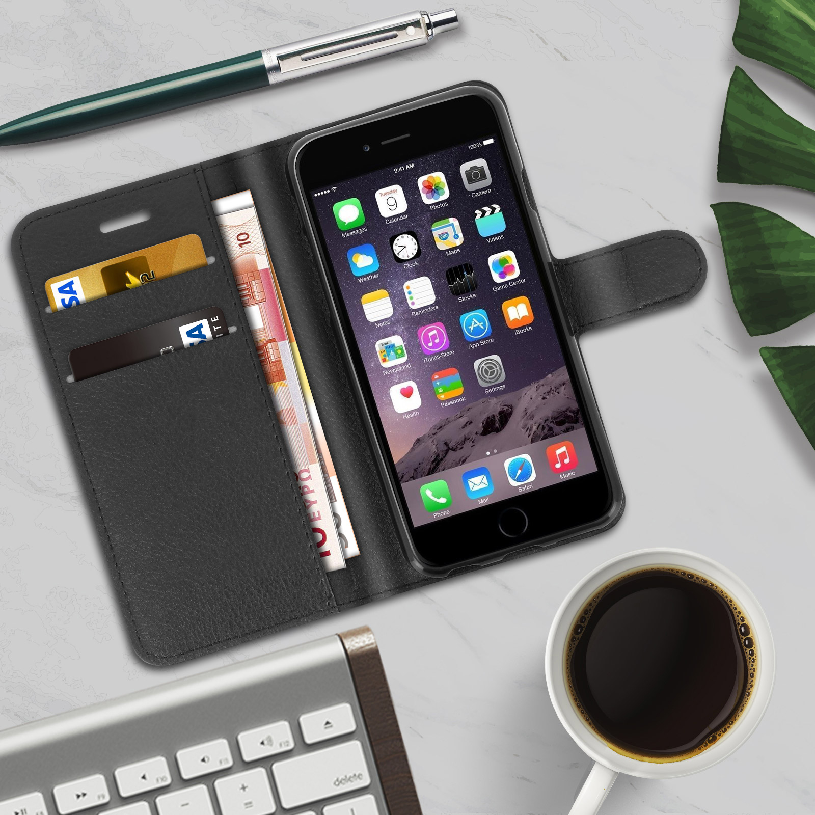 Housse Portefeuille fonction support pour Apple iPhone 6 et 6s - Noir - Français