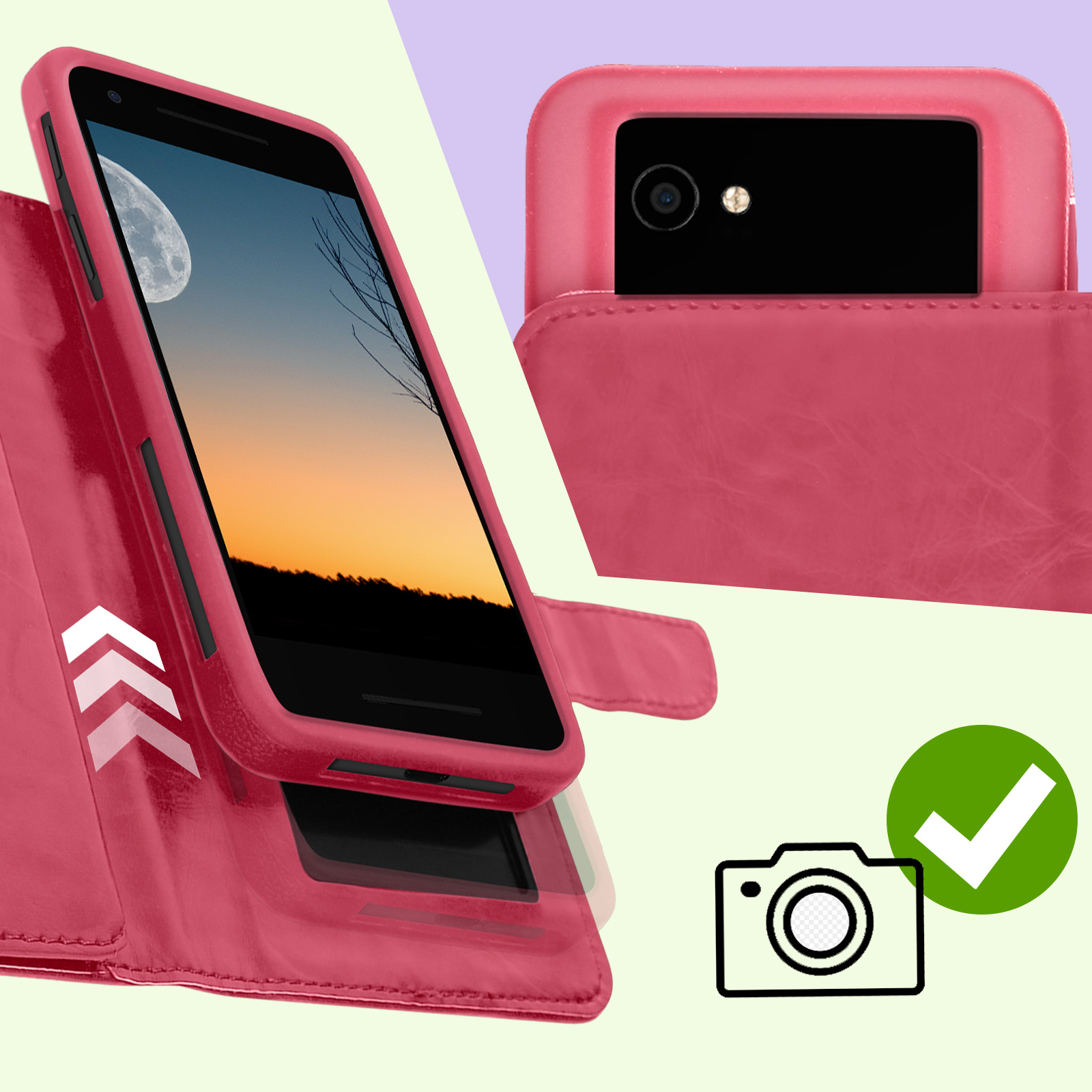 Custodia Portafoglio In Pelle PU Per Fairphone 3: Con Tasche Per Carte E Supporto Pieghevole, Chiusura Magnetica, Rosa
