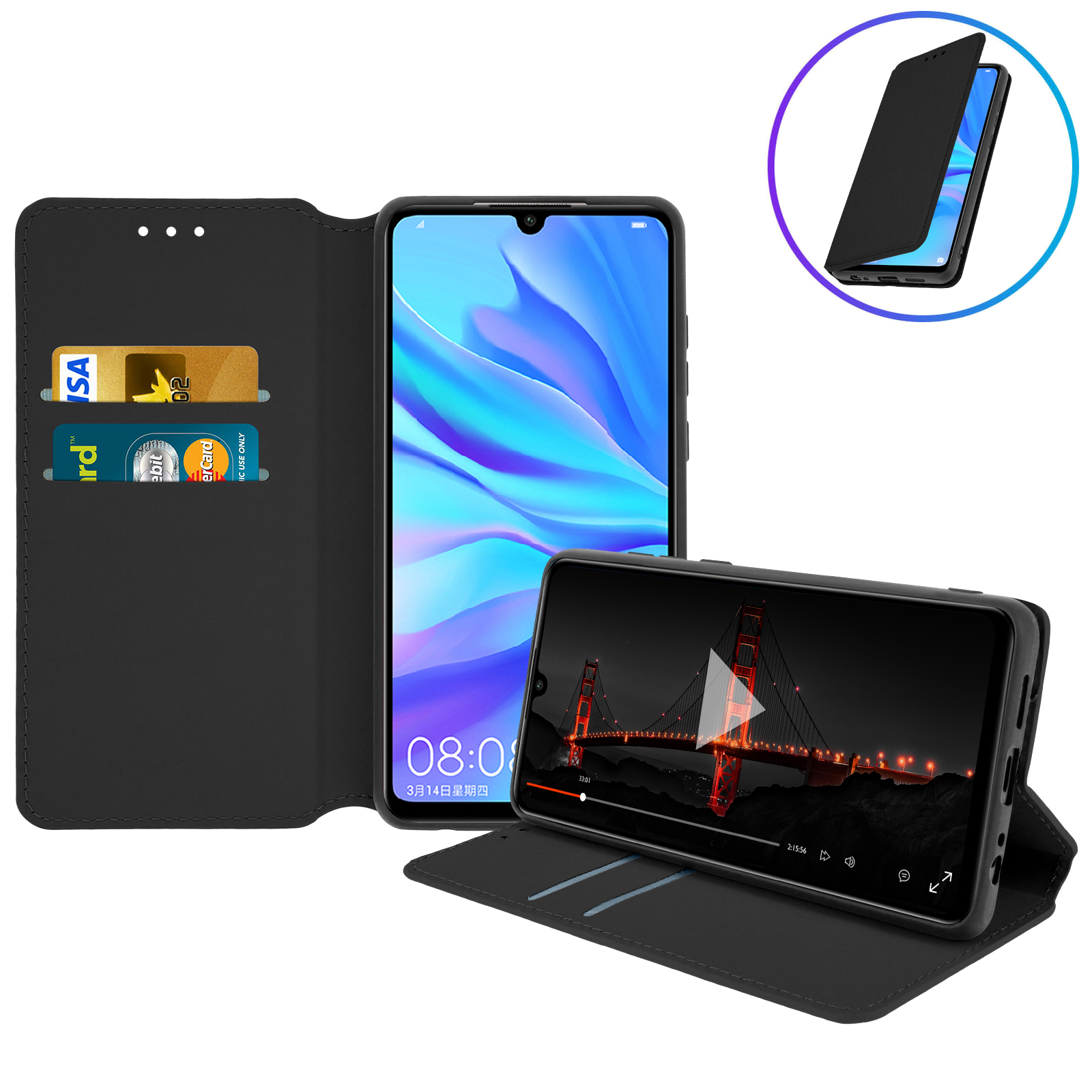 PH26® Housse Folio Élégante Pour Huawei Ascend G620s - Éco-Cuir Noir Pois Dorés Avec Porte-Cartes, Miroir Et Surpiqûres Apparentes