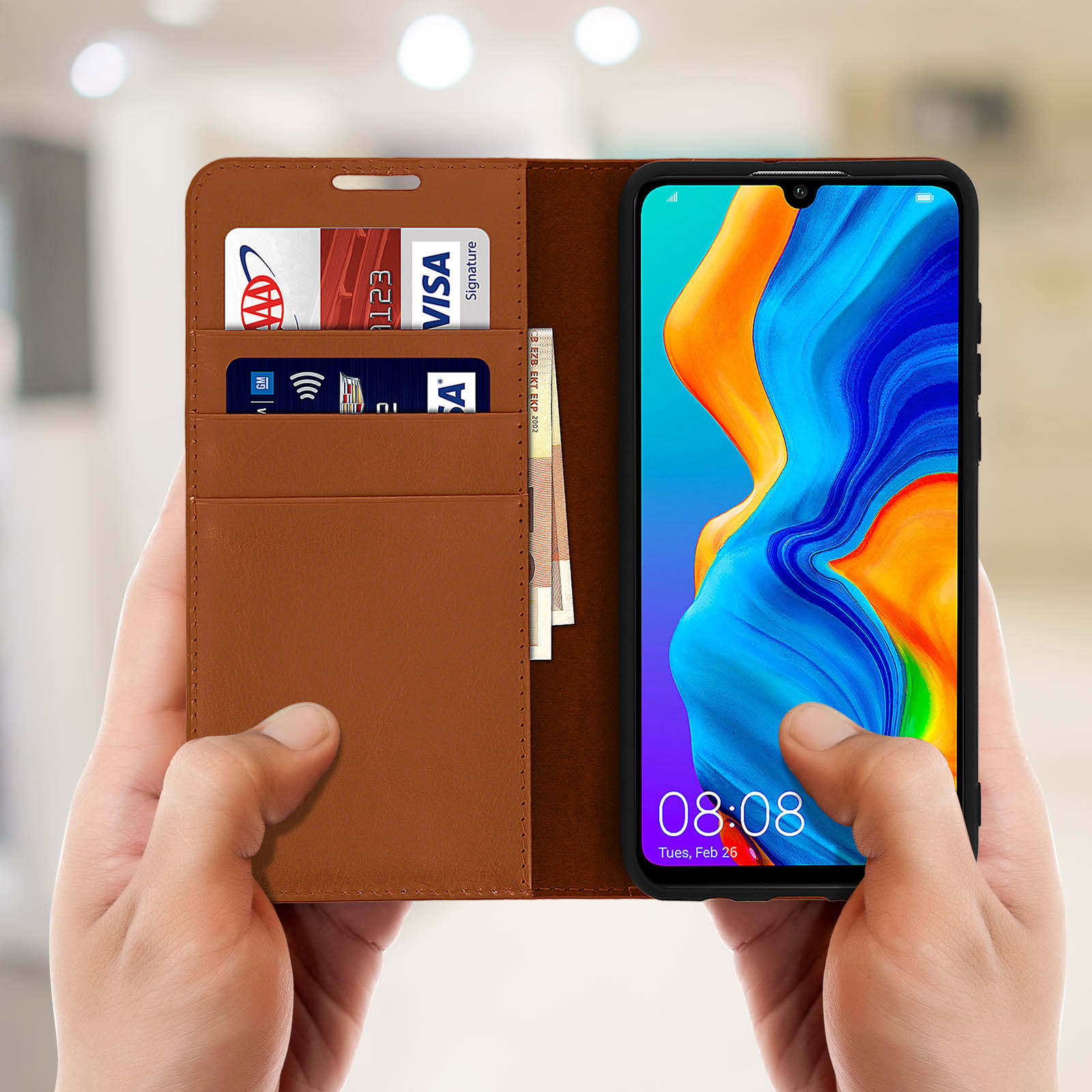 Custodia Flip Con Specchio E Cavalletto Per Huawei P30/P30 Lite/P30 Pro - Cover Portafoglio In Pelle Sintetica Con Finestra Trasparente - Nero, Blu, Oro Rosa, Oro, Argento, Viola - 4