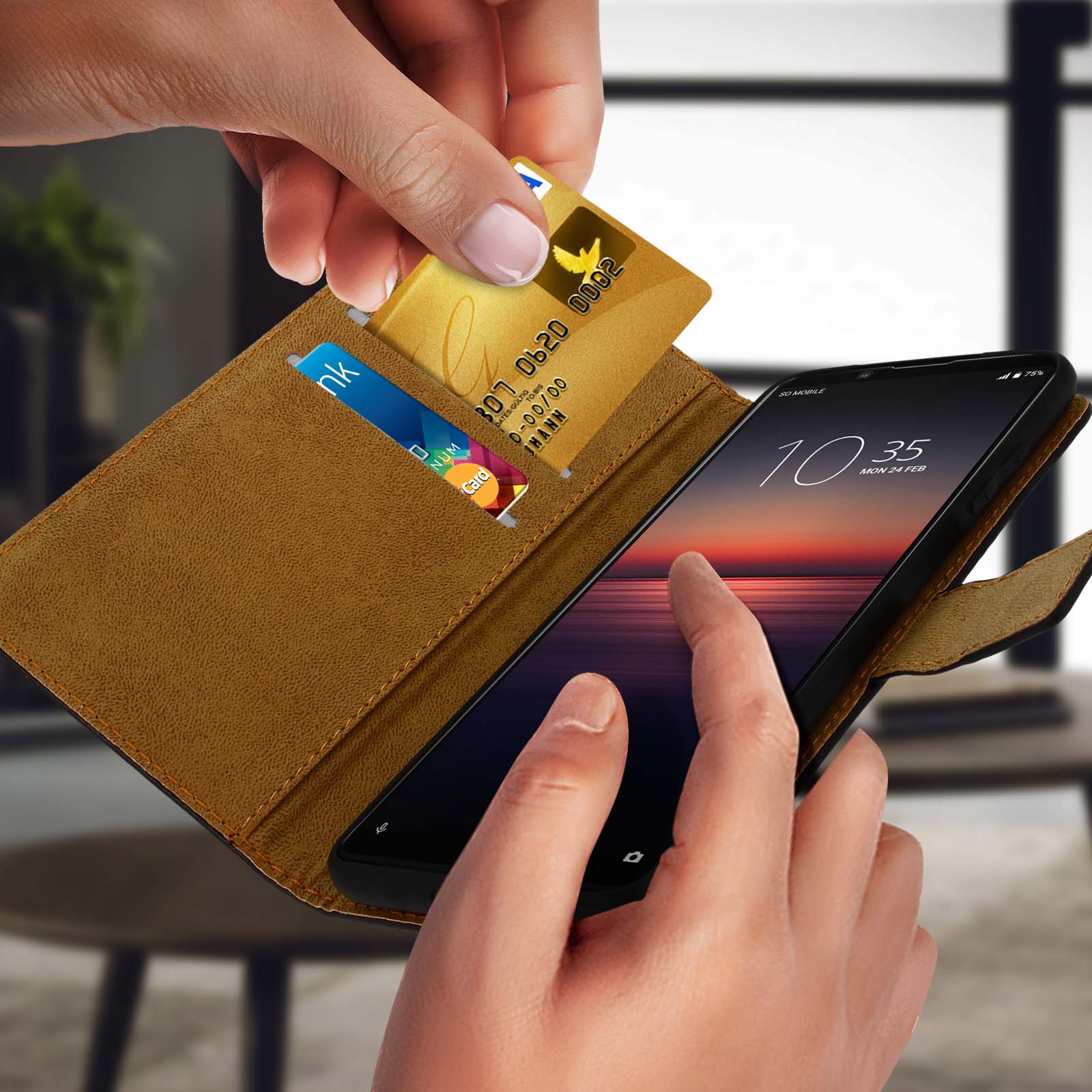 TUUNKMUY Custodia a portafoglio per Sony Xperia 1 II, in pelle PU, con supporto e blocco RFID, con scomparti per carte di credito, chiusura magnetica