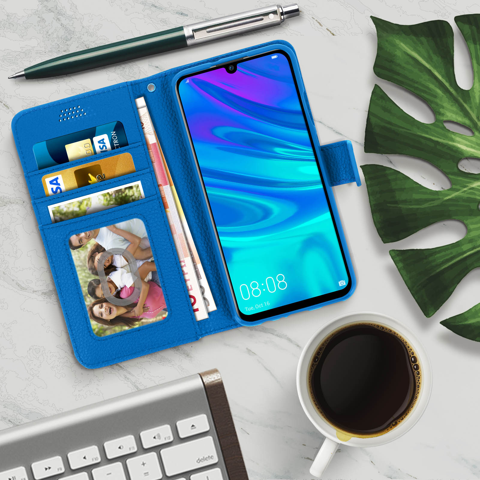 DENDICO Cover Portafoglio In Pelle Per Huawei P Smart 2019 / Honor 10 Lite - Custodia A Libro Con Slot Carte E Supporto, Blu - 2