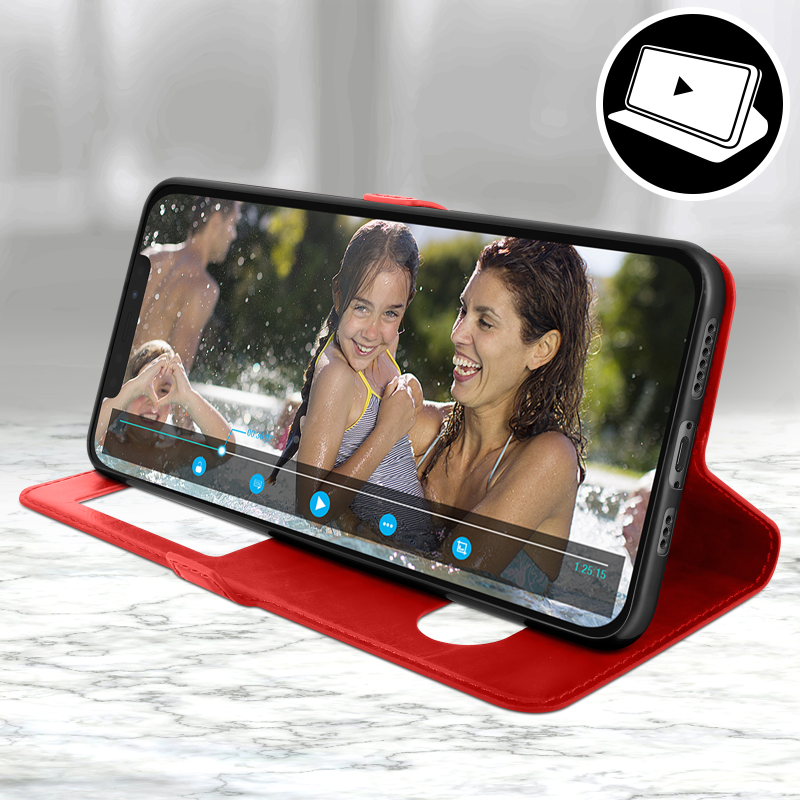 Cuson Custodia In Pelle Flip Case Per Doro 1380/1382 2.4 - Cover Protettiva Con Funzione Stand, Colore Rosso - 5