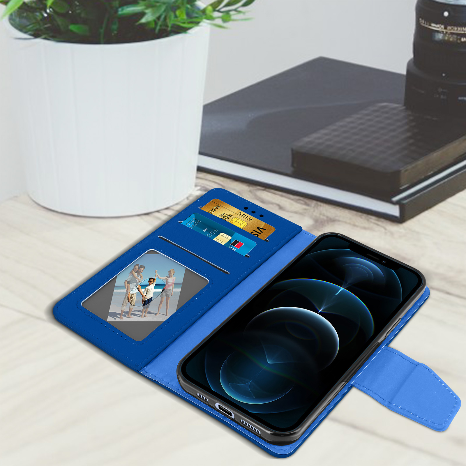 Nvollnoe Custodia Portafoglio Per IPhone 12 Con Porta Carte Nascosto - Doppio Strato Antiurto In TPU+PC, Blu, Fino A 5 Carte - 4