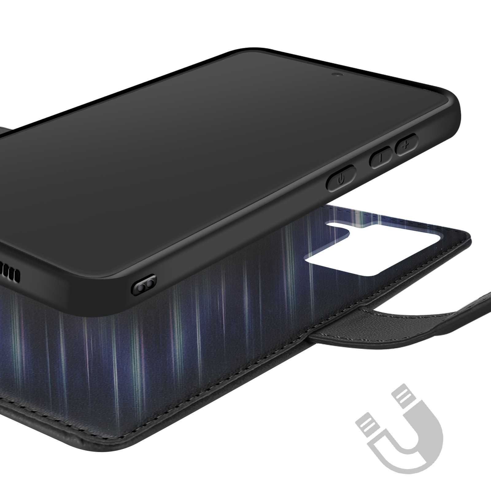 Custodia A Portafoglio In Ecopelle Per VIVO Y21S - Flip Cover Magnetica Nera Con Skin E Tasche