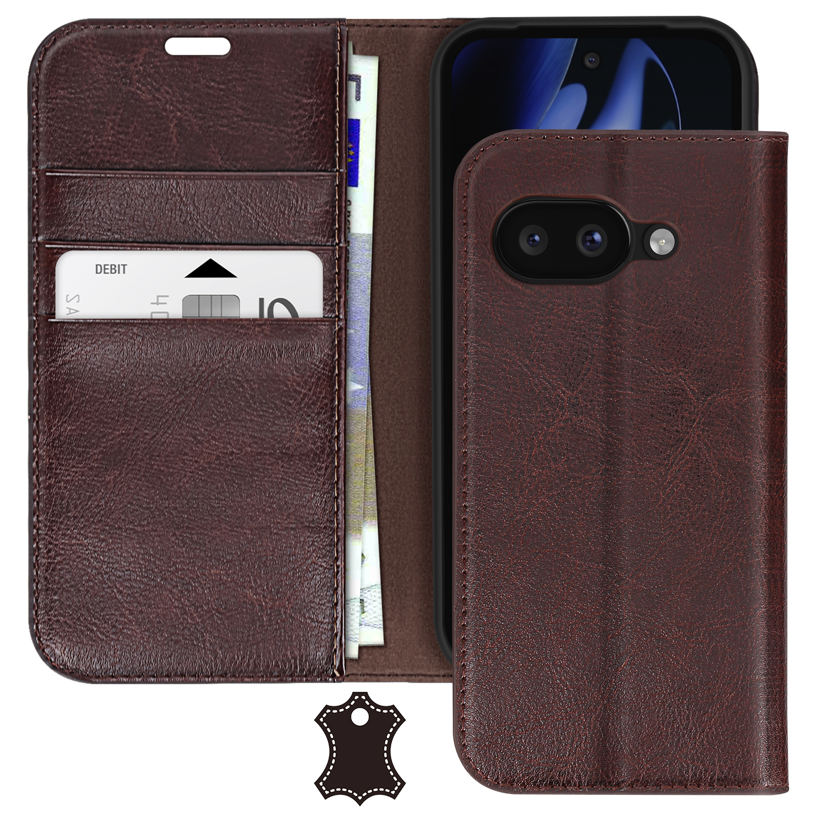Etui Portefeuille Google Pixel 9a - Cuir PU, 9 Emplacements Cartes, Fermeture Zippée Magnétique, Stand