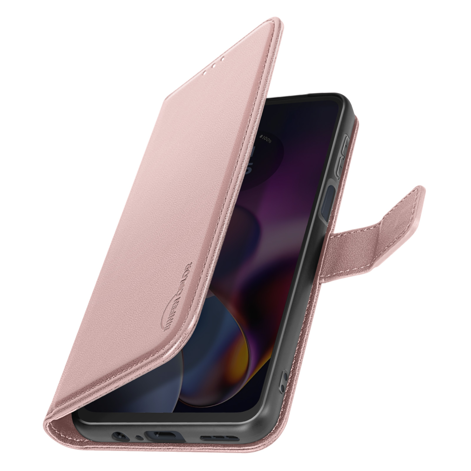 Custodia Motorola Moto G54 5G WBWONE: Pelle PU A Libro Con Portafoglio E Quadrifoglio Portafortuna - [Funzione Stand] - Rosa Oro - 4