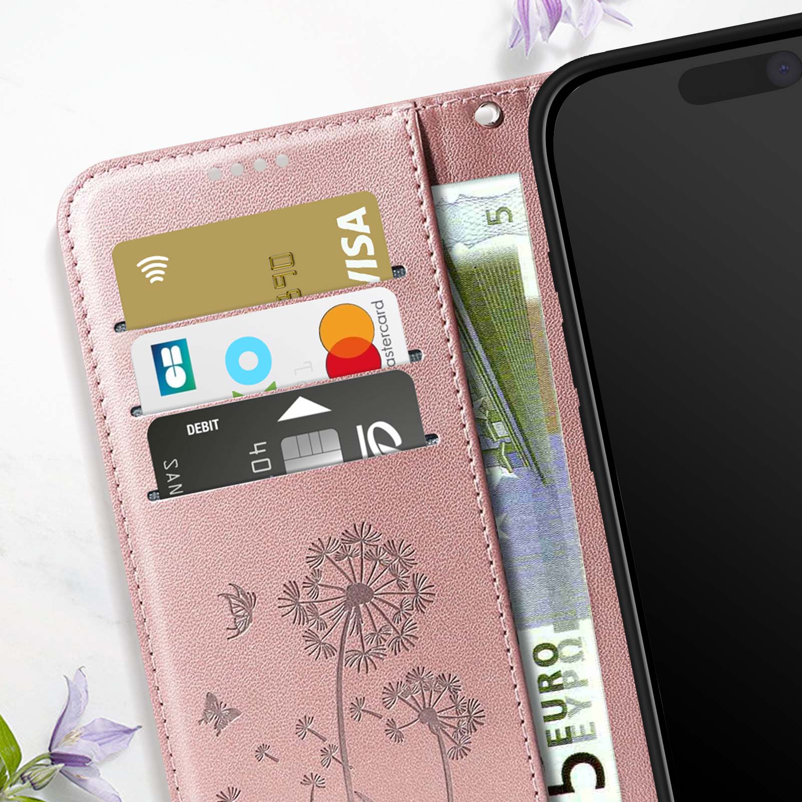Funda-Cartera Con Soporte Y Cordones Para Móvil - Diseño Rosa Con Flores Y Diamantes De Imitación