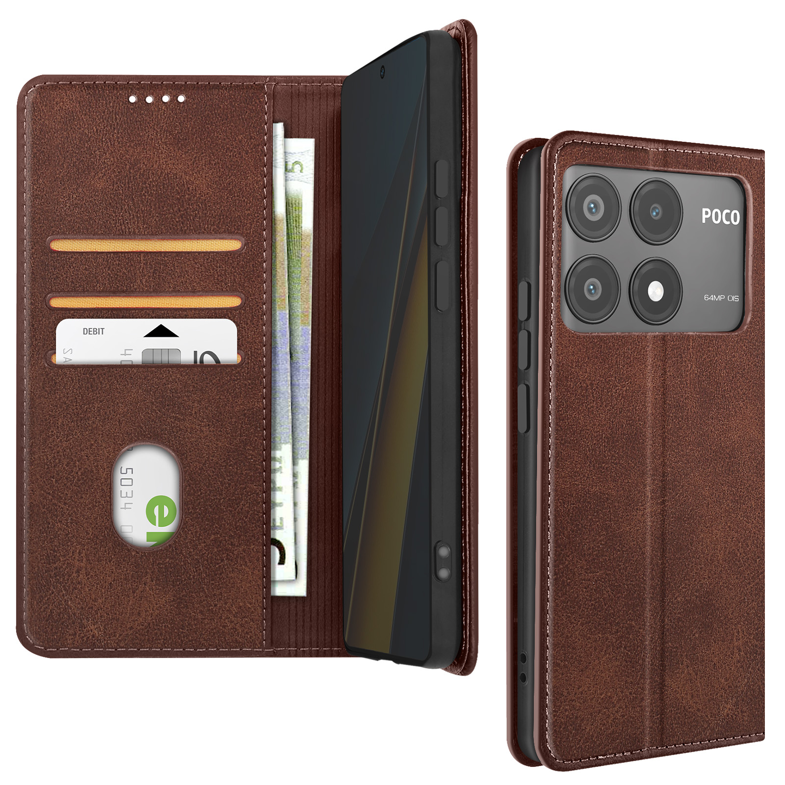 Cover A Portafoglio Per Xiaomi Poco X6 Pro In Similpelle Con Supporto E Chiusura Magnetica - Marrone - 2