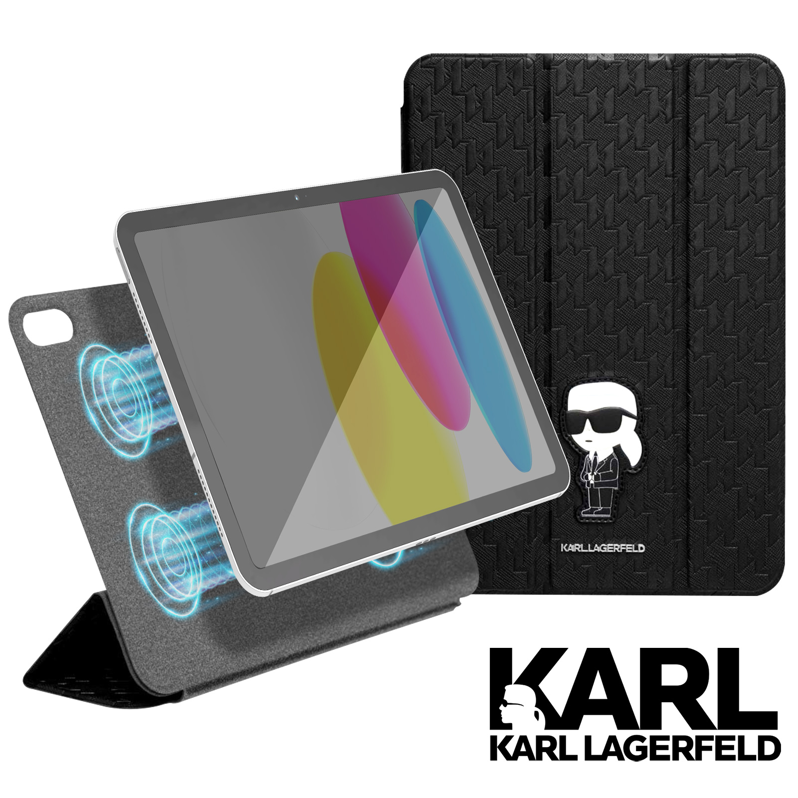 "Custodia A Libro Karl Lagerfeld Per IPad Air - Nero Glossy Glitterato Con Supporto Integrato"