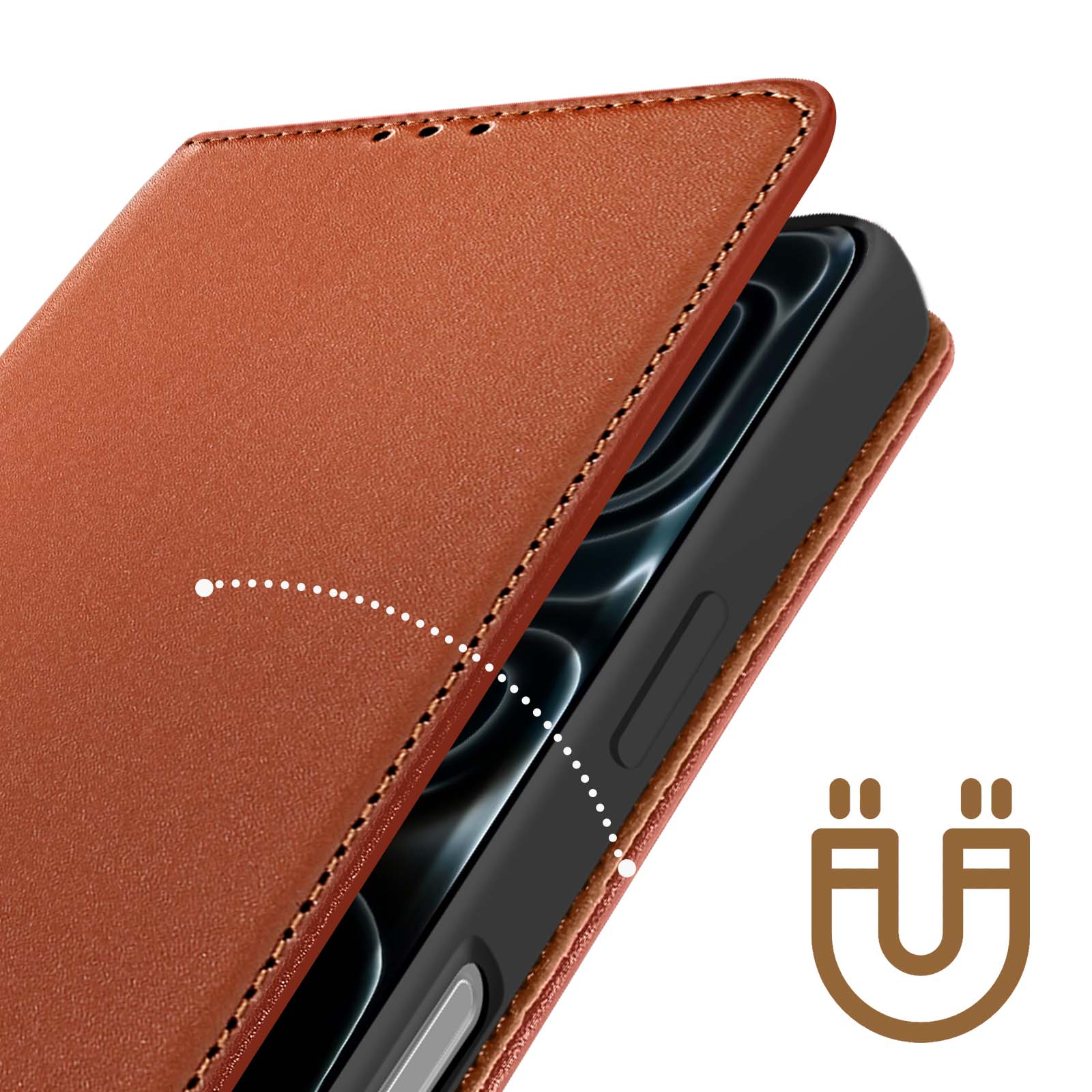 Suncase Custodia In Vera Pelle Per IPhone 12 Pro (6,1") – Colore Marrone Scuro Antico, Con Linguetta E Chiusura Magnetica