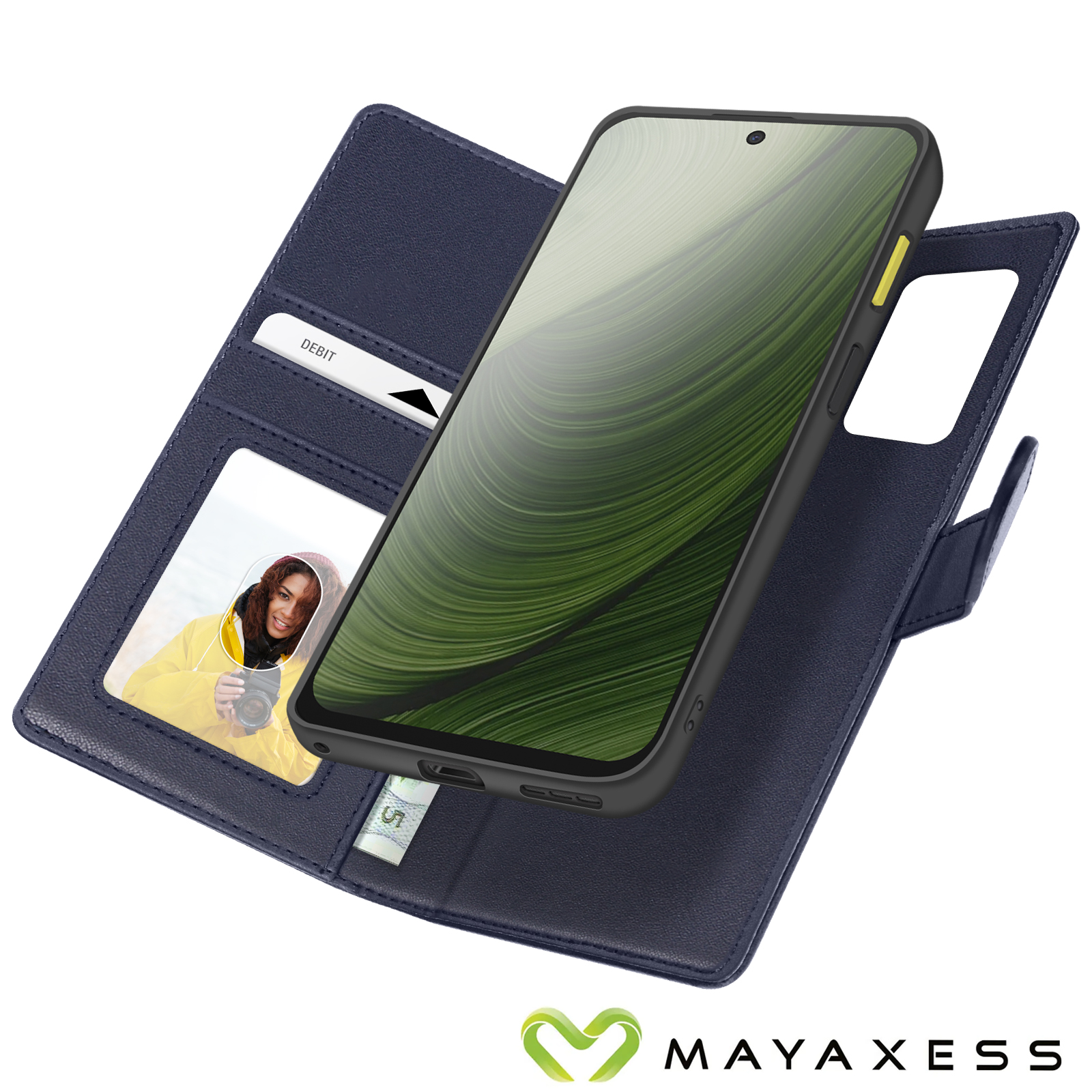 Étui Mayaxess Pour IPhone 14 – Coque Détachable Bleu Nuit, Similicuir, Neuf