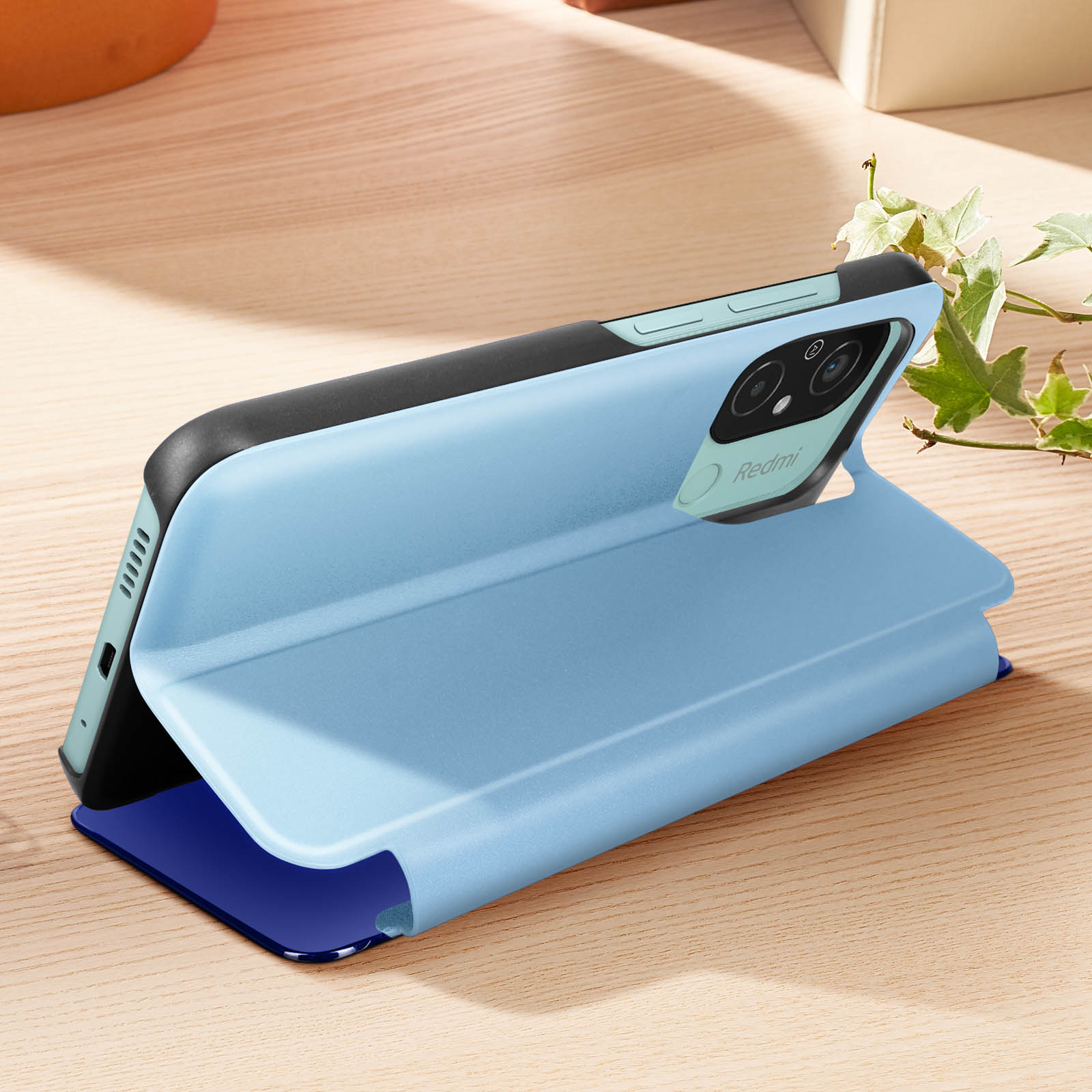 Smart Clear View Cover Per Xiaomi Redmi 12C/11A - Custodia A Libro Con Finestra E Supporto Pieghevole - Effetto Specchio Elettroplaccato - Colore Nero