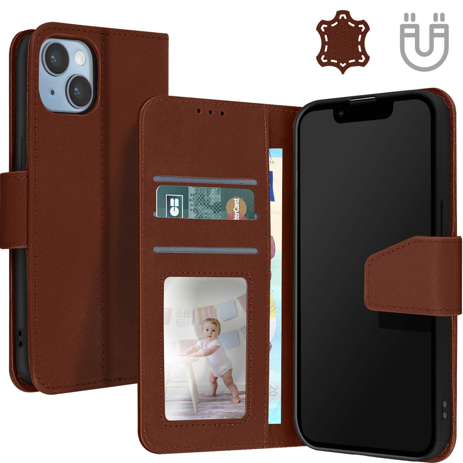 Custodia in pelle per iPhone 14/14 Plus/14 Pro/14 Pro Max, in vera pelle, sottile, leggera, antiurto, protezione della fotocamera, 14, marrone