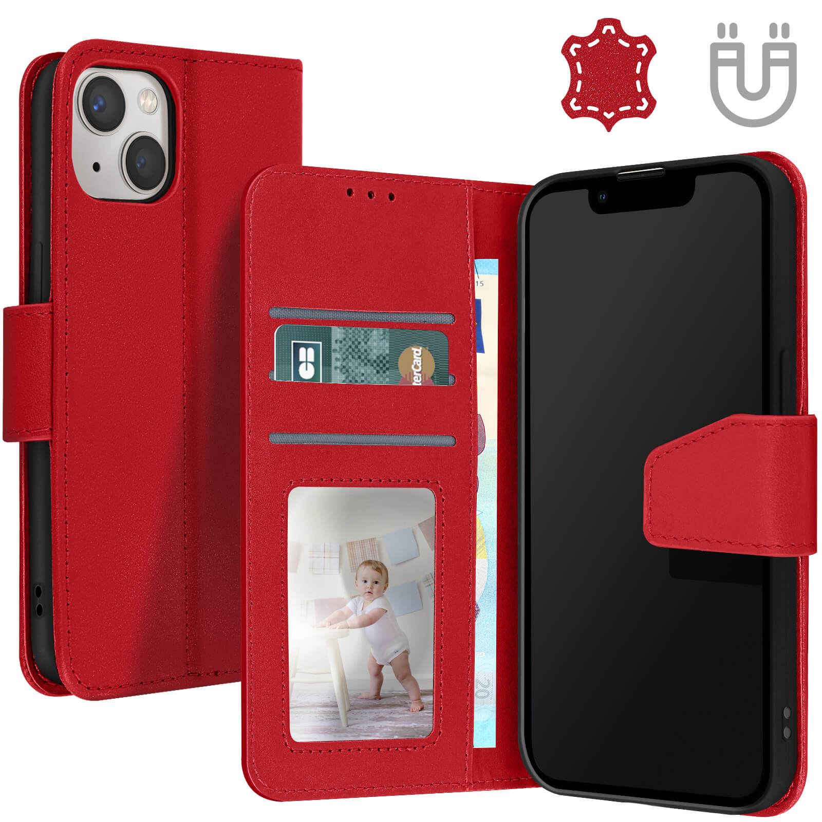 Étui Cuir Iphone 13 Pro Max, Qualité Premium, Surpiqûre et Languette magnétique - Rouge - Français