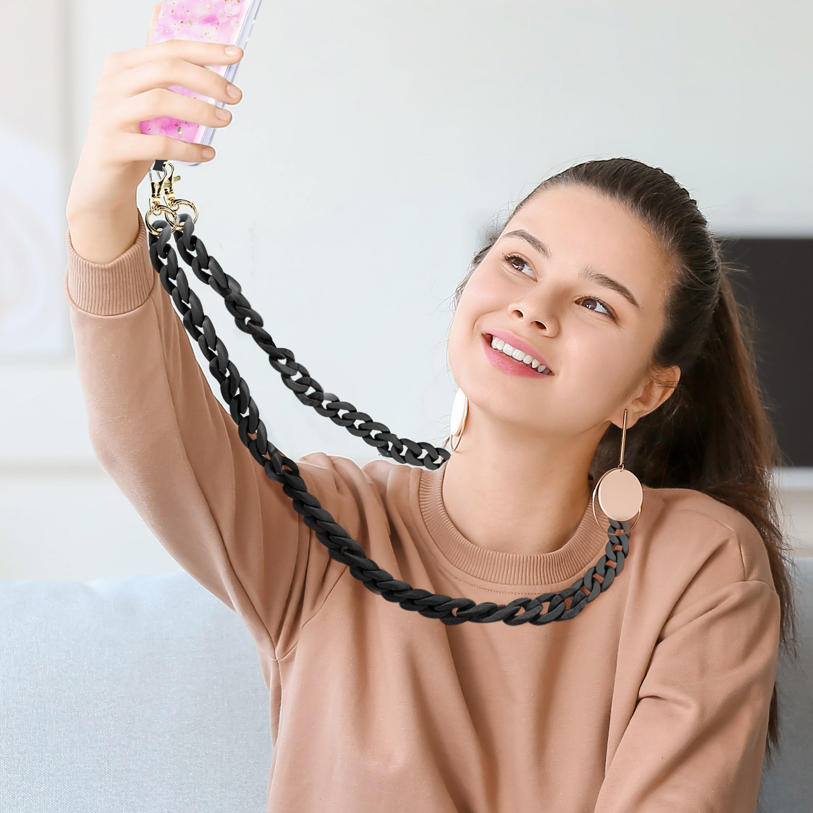 Brencco Laccio per Cellulare da Collo,Cordino per Cellulare con Guarnizione in Acciaio Inossidabile, Porta Cellulare da Collo per Tutti gli Smartphones, Regolabile Cordino Tracolla(150 cm), Nero